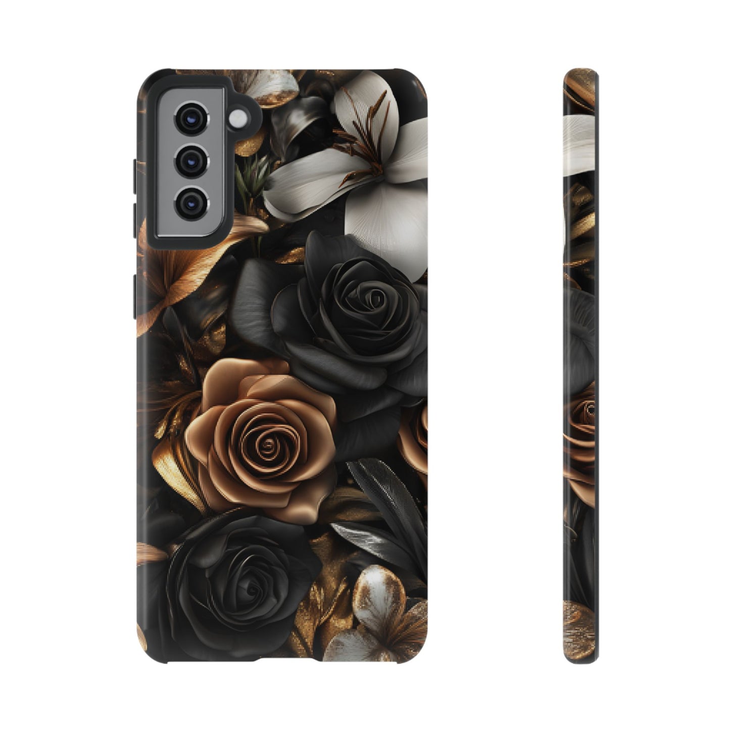 Floral Phone Case - Black and Gold Roses for iPhone 16 15 14 13 12 11, Samsung Galaxy & Google Pixel