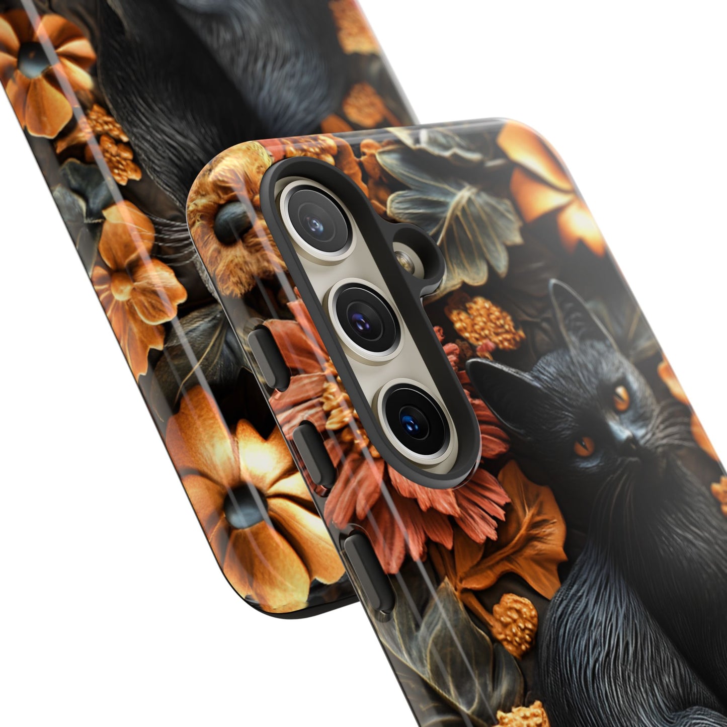 Black Cat Floral Fall Phone Case - Carved Clay Effect Cat Lover Phone Cases - iPhone 16 15 14 13 12 11, Samsung Galaxy & Google Pixel Phone Covers