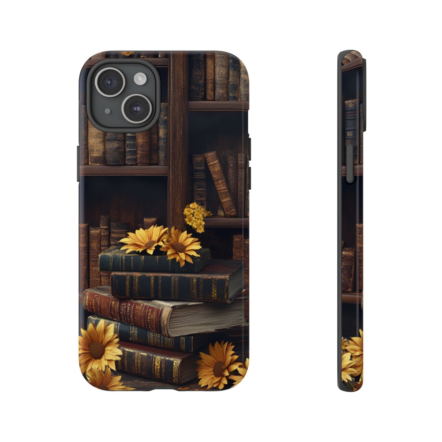 Vintage Books and Sunflowers Phone Case - Dark Academia Library Phone Cases for iPhone 16 15 14 13 12 11, Samsung Galaxy & Google Pixel