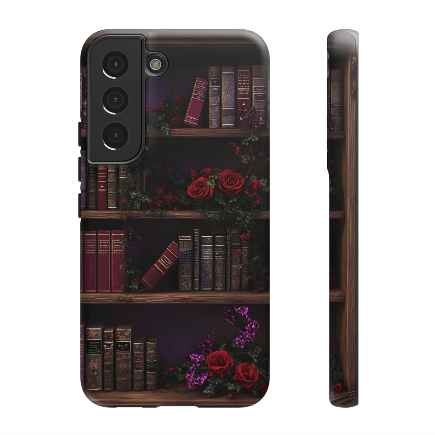 Book Lovers Phone Case - Roses and Books in Moody Vintage Bookshelf - iPhone 16 15 14 13 12 11, Samsung Galaxy & Google Pixel Phone Covers