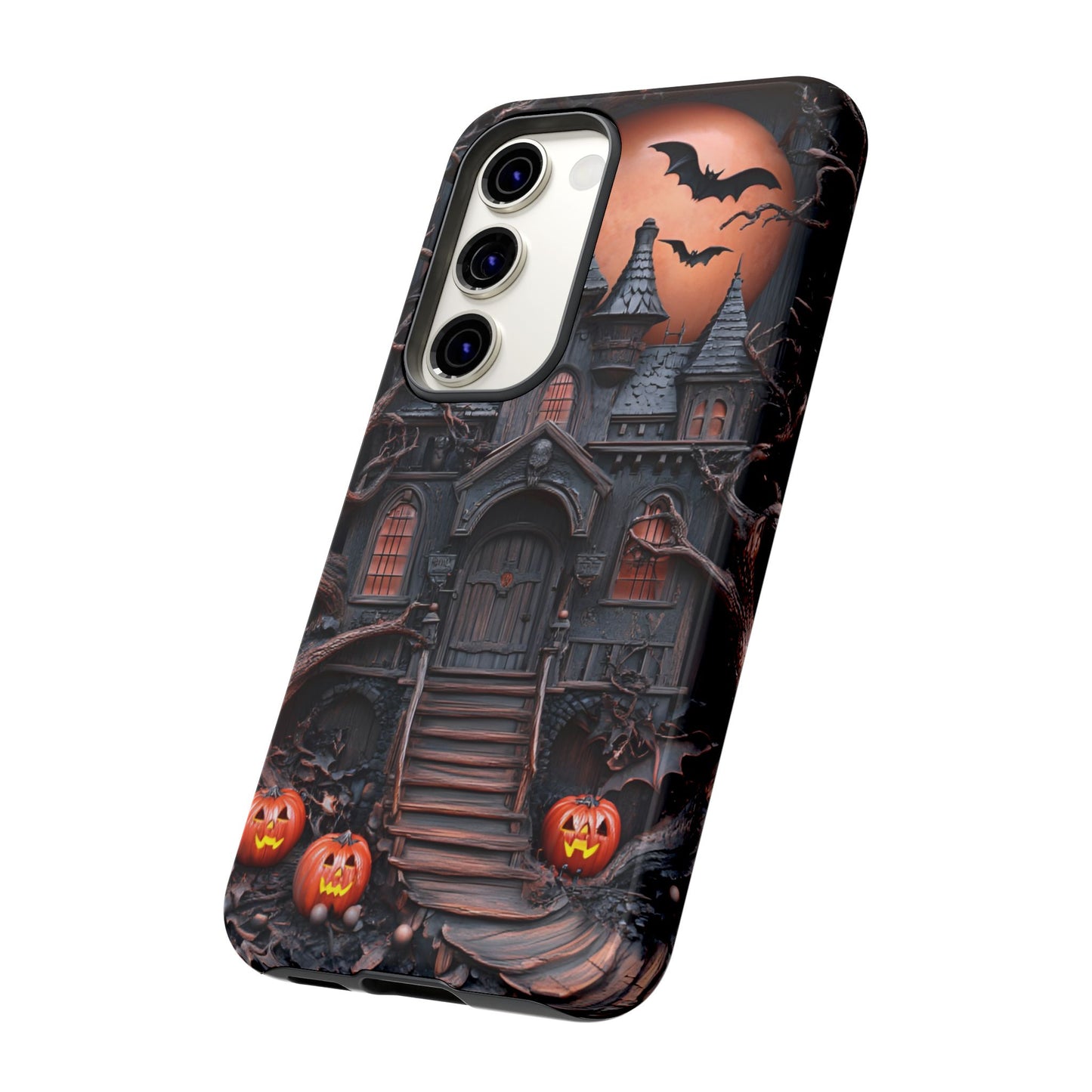 Carved Wood Haunted House Phone Case - Faux Wood Spooky Halloween Phone Cases - iPhone 16 15 14 13 12 11, Samsung Galaxy & Google Pixel Phone Covers