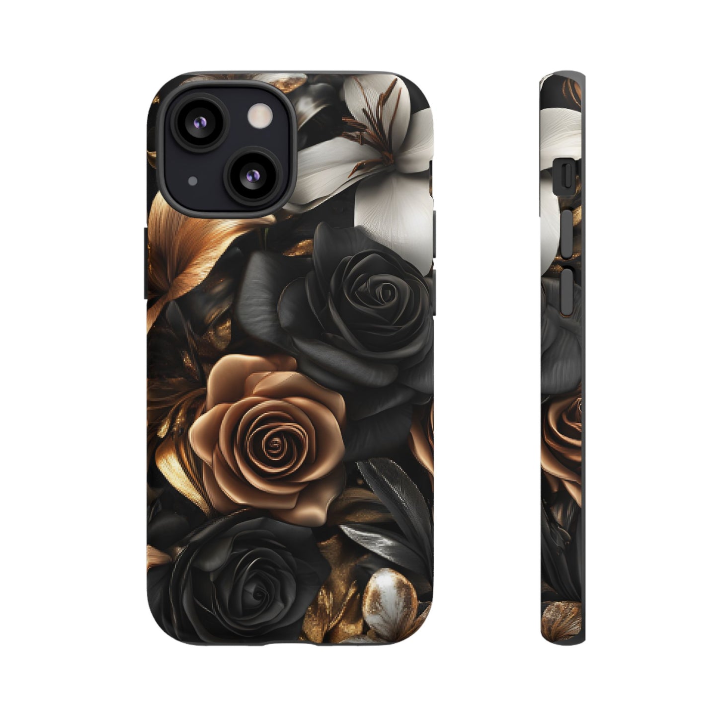 Floral Phone Case - Black and Gold Roses for iPhone 16 15 14 13 12 11, Samsung Galaxy & Google Pixel