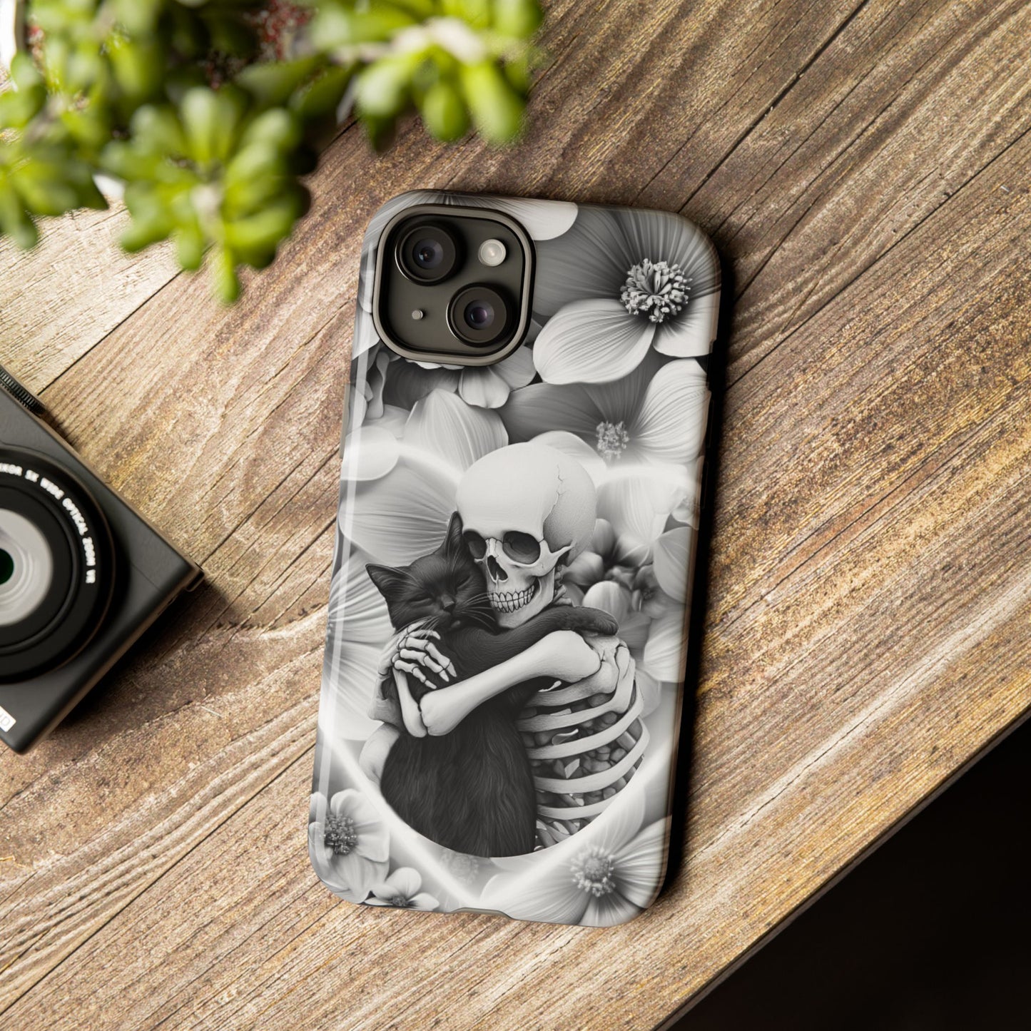 Skeleton & Black Cat Phone Case - Aesthetic Cat Lover Phone Cases- iPhone 16 15 14 13 12 11, Samsung Galaxy & Google Pixel Phone Covers