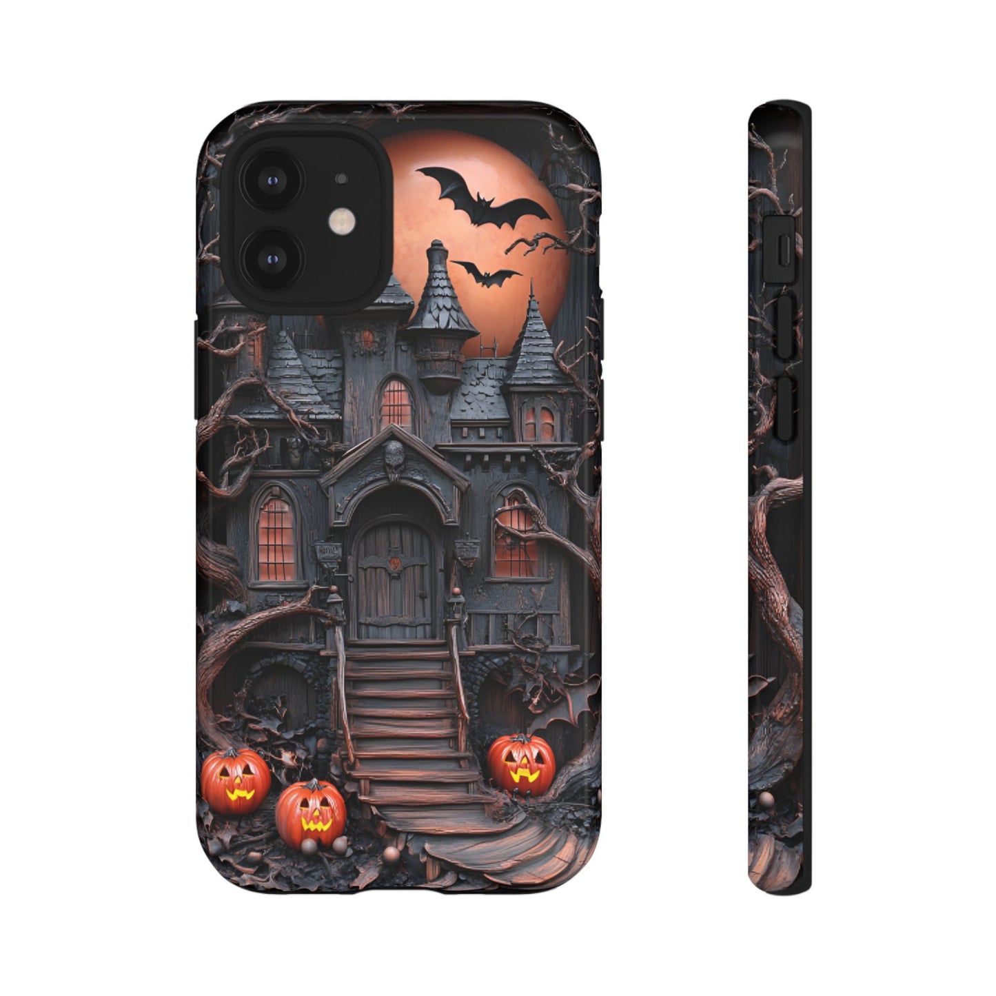 Carved Wood Haunted House Phone Case - Faux Wood Spooky Halloween Phone Cases for iPhone 16 15 14 13 12 11, Samsung Galaxy & Google Pixel