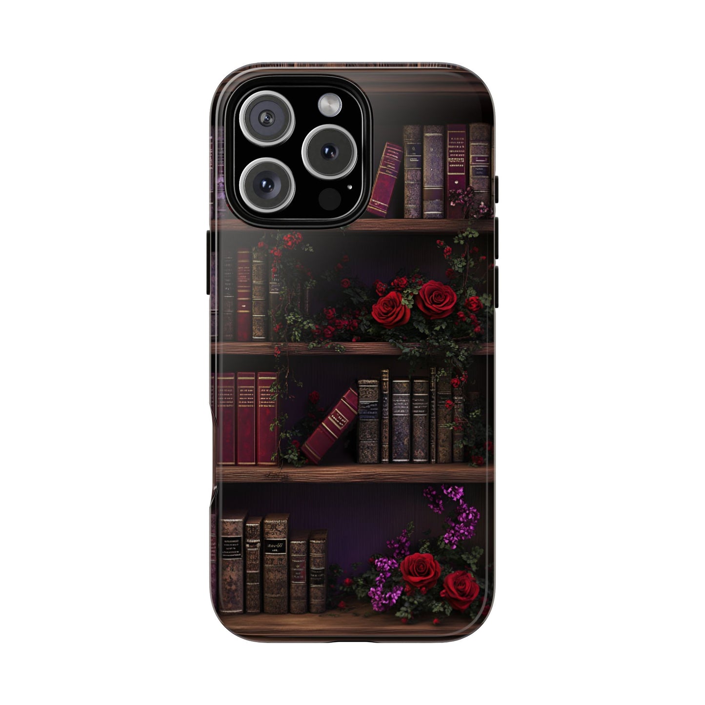 Book Lovers Phone Case - Roses and Books in Moody Vintage Bookshelf - iPhone 16 15 14 13 12 11, Samsung Galaxy & Google Pixel Phone Covers - Boo and Bewear