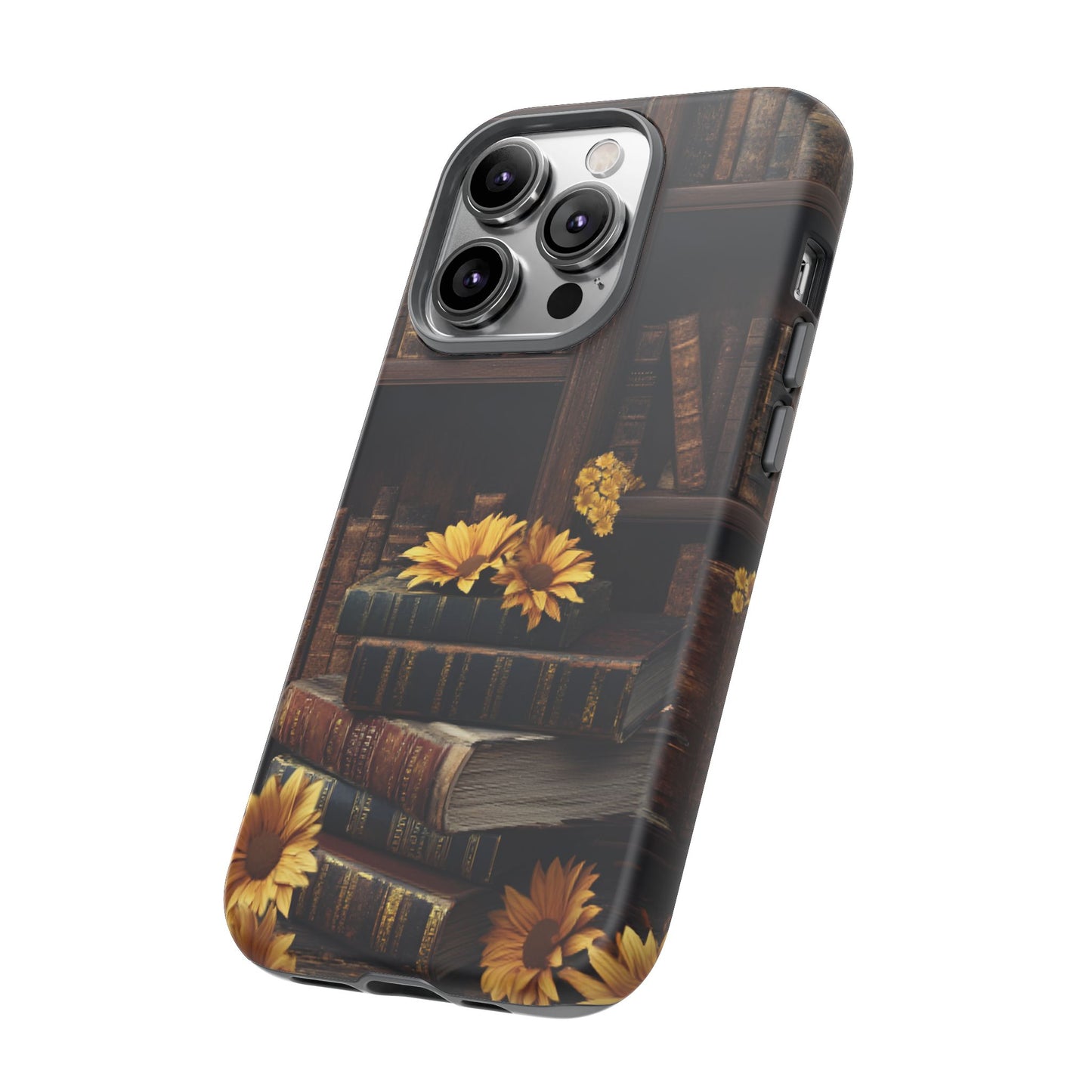 Vintage Books and Sunflowers Phone Case - Dark Academia Library Phone Cases for iPhone 16 15 14 13 12 11, Samsung Galaxy & Google Pixel