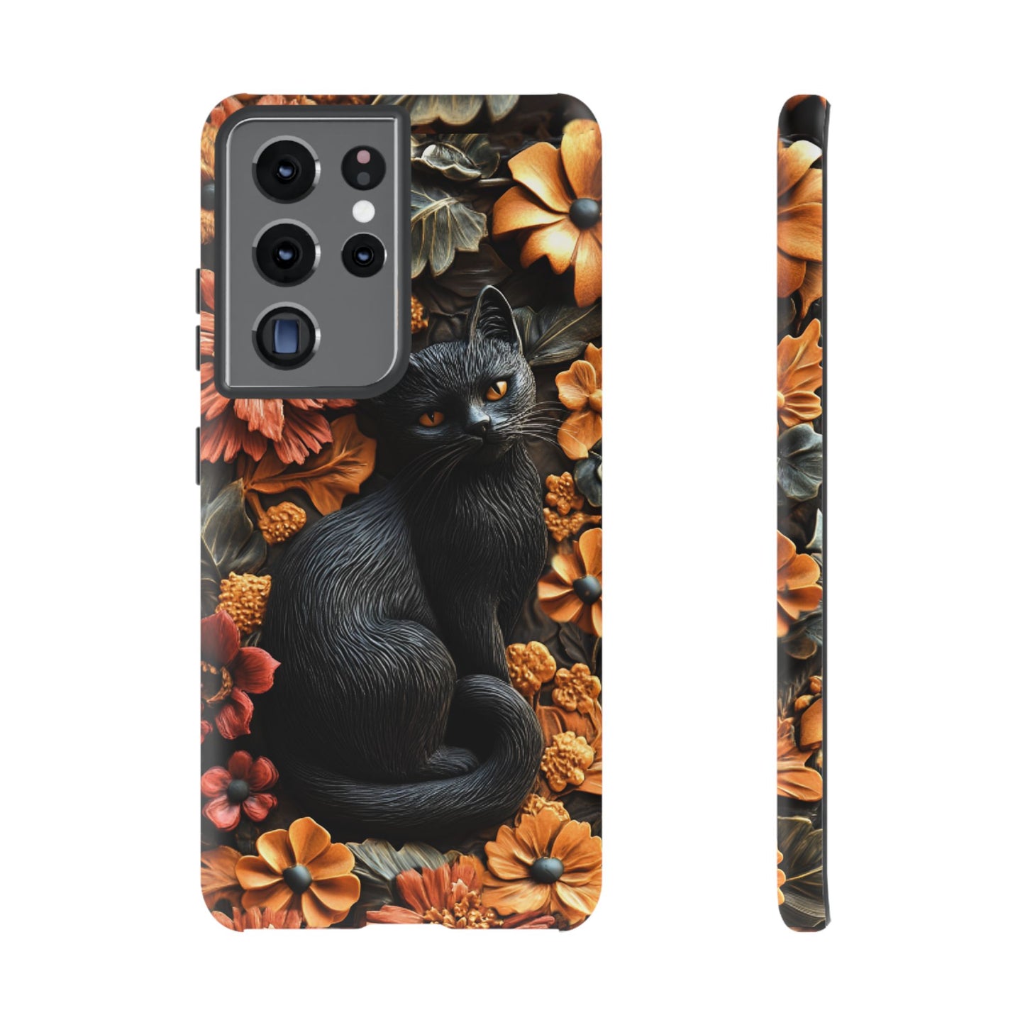 Black Cat Floral Fall Phone Case - Carved Clay Effect Cat Lover Phone Cases - iPhone 16 15 14 13 12 11, Samsung Galaxy & Google Pixel Phone Covers