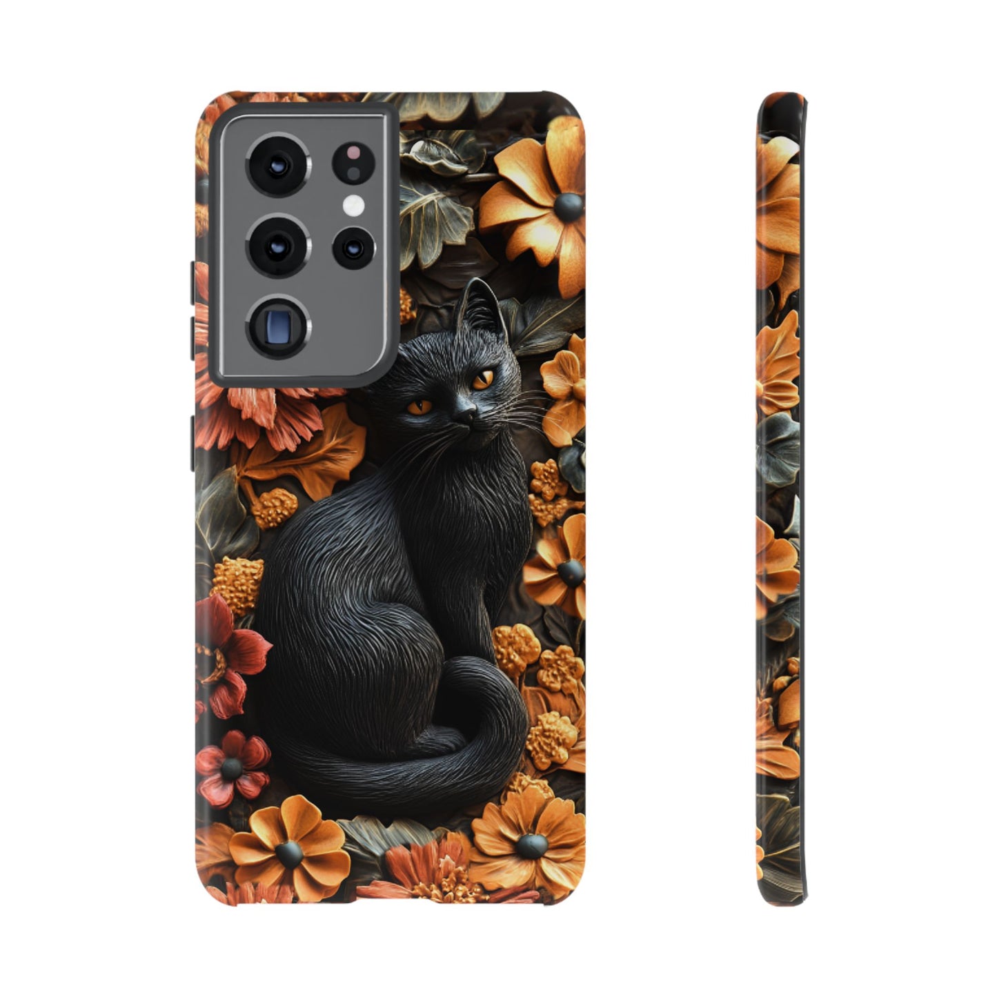 Black Cat Floral Fall Phone Case - Carved Clay Effect Cat Lover Phone Cases for iPhone 16 15 14 13 12 11, Samsung Galaxy & Google Pixel