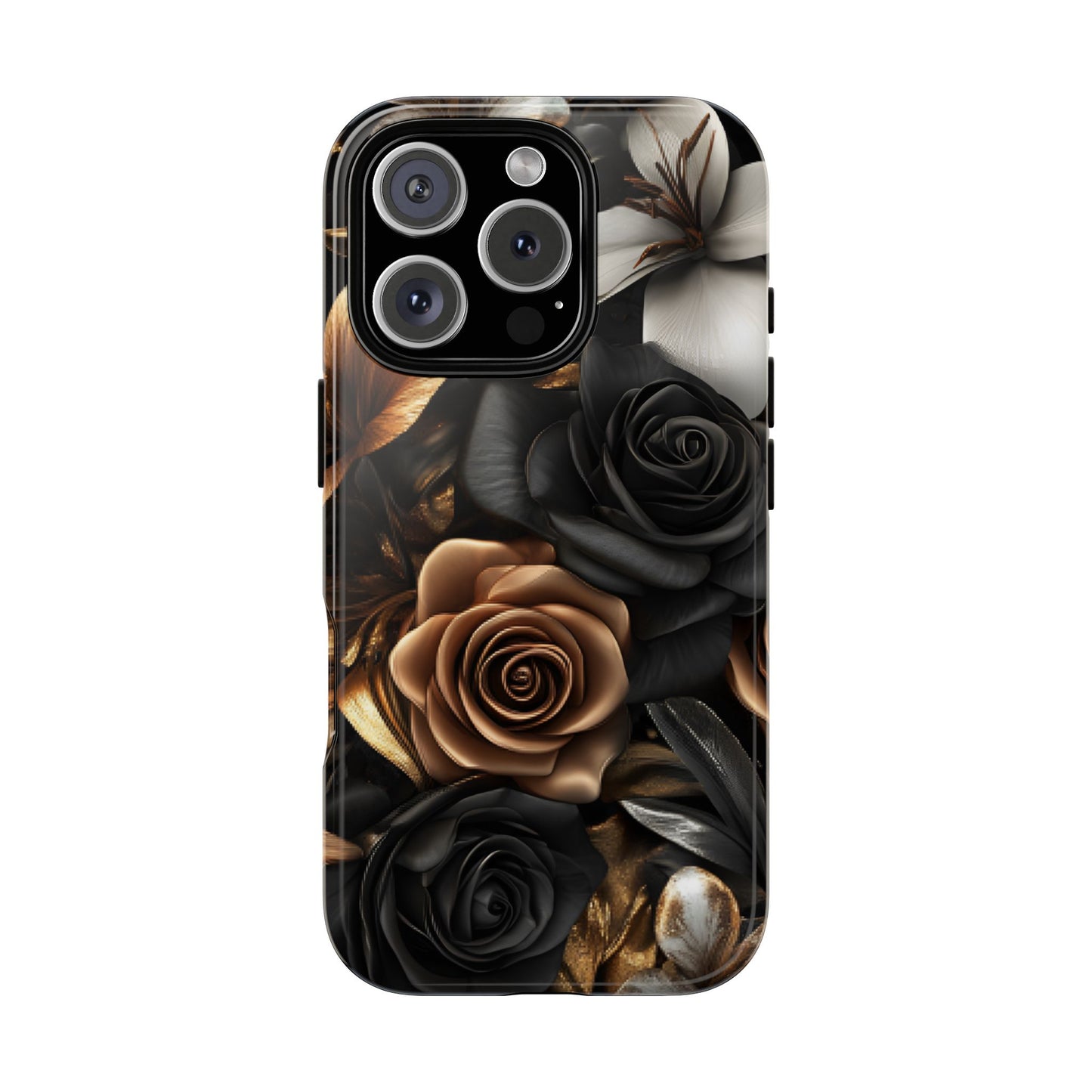 Floral Phone Case - Black and Gold Roses - iPhone 16 15 14 13 12 11, Samsung Galaxy & Google Pixel Phone Covers