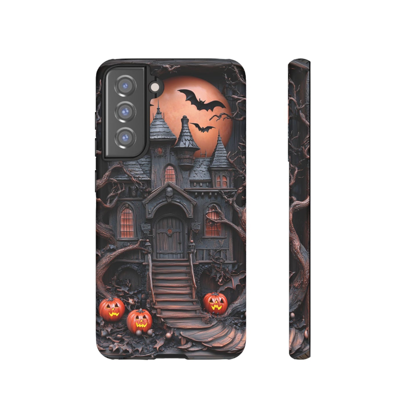 Carved Wood Haunted House Phone Case - Faux Wood Spooky Halloween Phone Cases - iPhone 16 15 14 13 12 11, Samsung Galaxy & Google Pixel Phone Covers