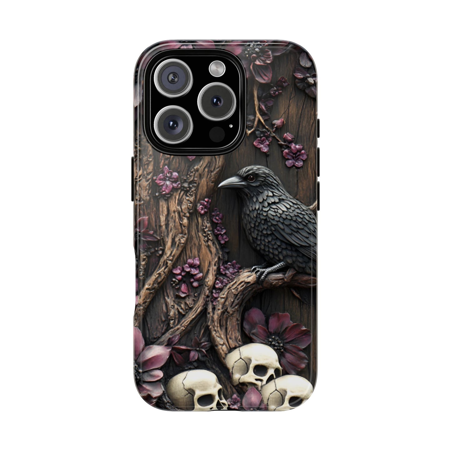 Raven and Skulls Phone Case - Gothic Faux Wood Phone Cases - iPhone 16 15 14 13 12 11, Samsung Galaxy & Google Pixel Phone Covers