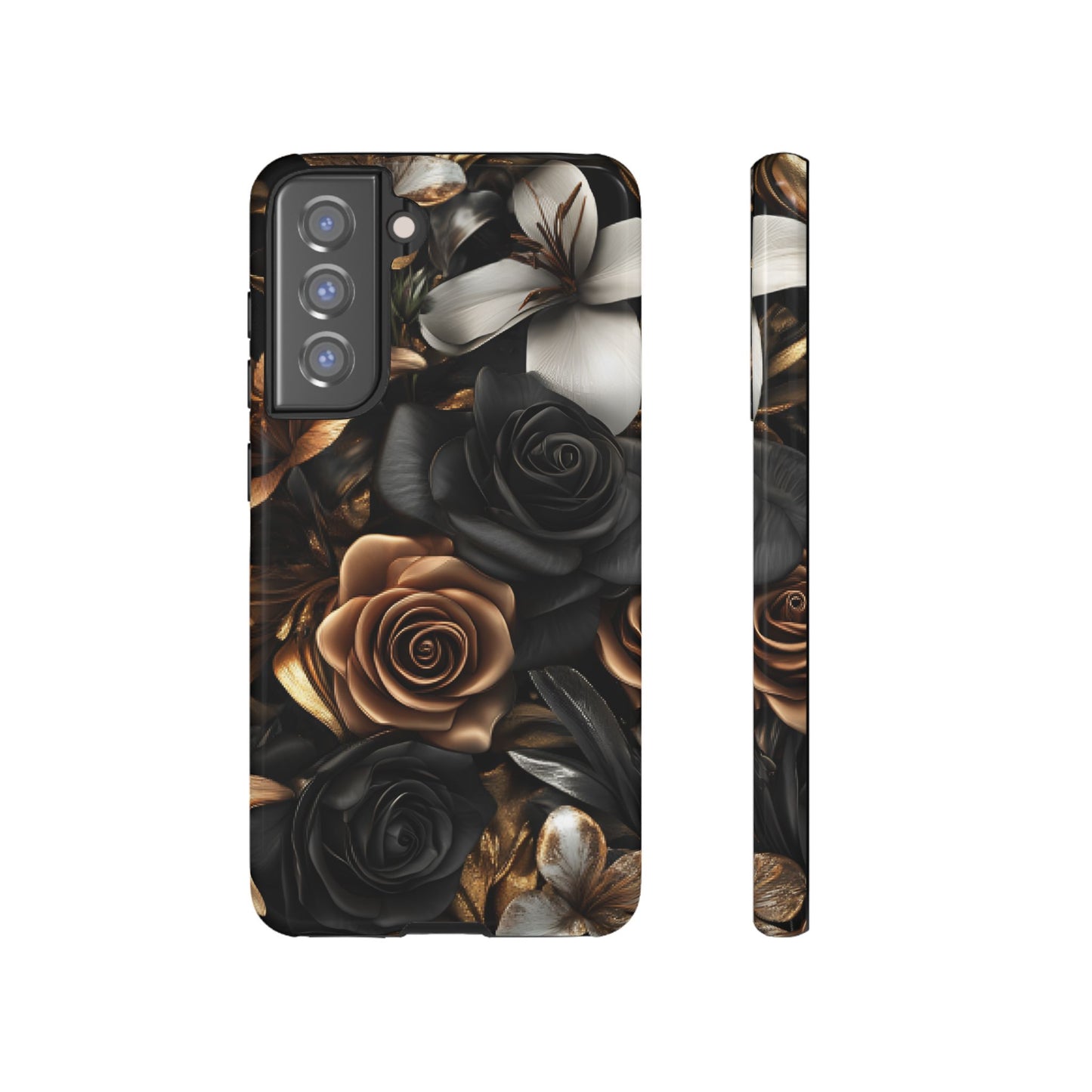 Floral Phone Case - Black and Gold Roses for iPhone 16 15 14 13 12 11, Samsung Galaxy & Google Pixel