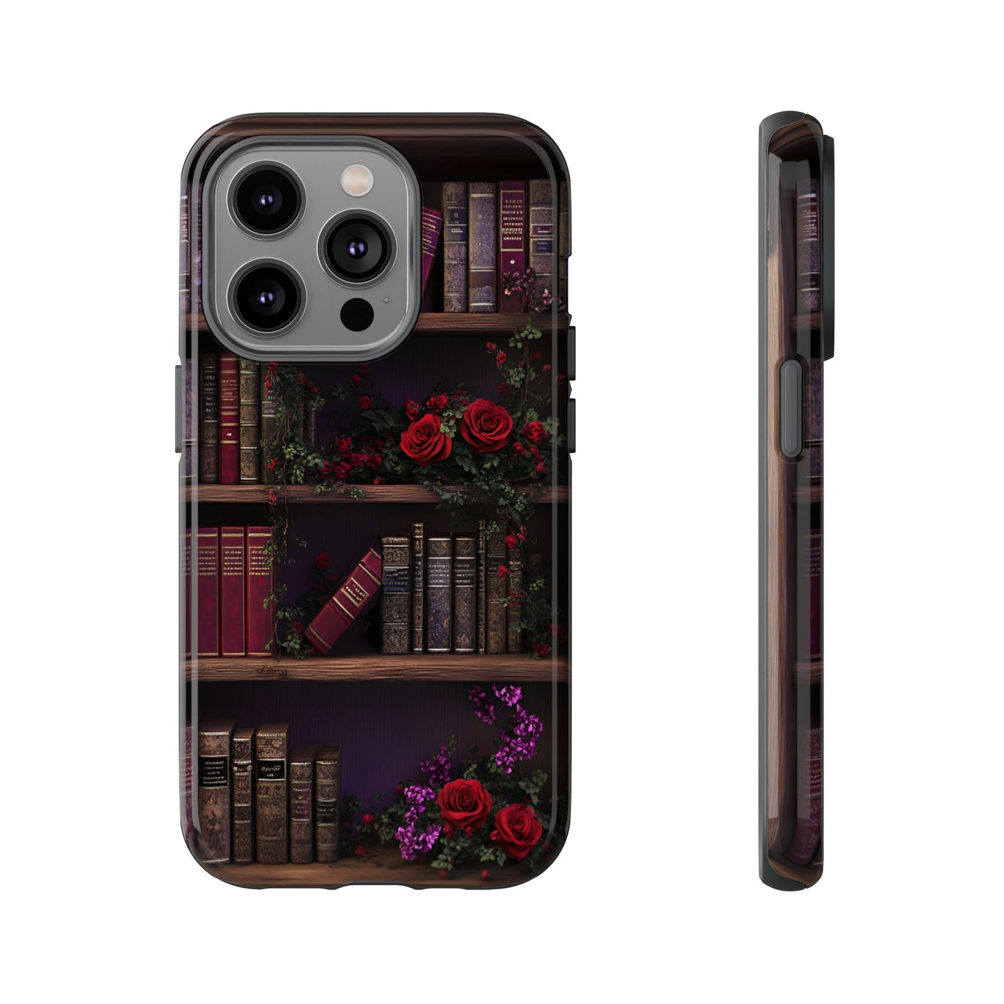 Book Lovers Phone Case - Roses and Books in Moody Vintage Bookshelf for iPhone 16 15 14 13 12 11, Samsung Galaxy & Google Pixel