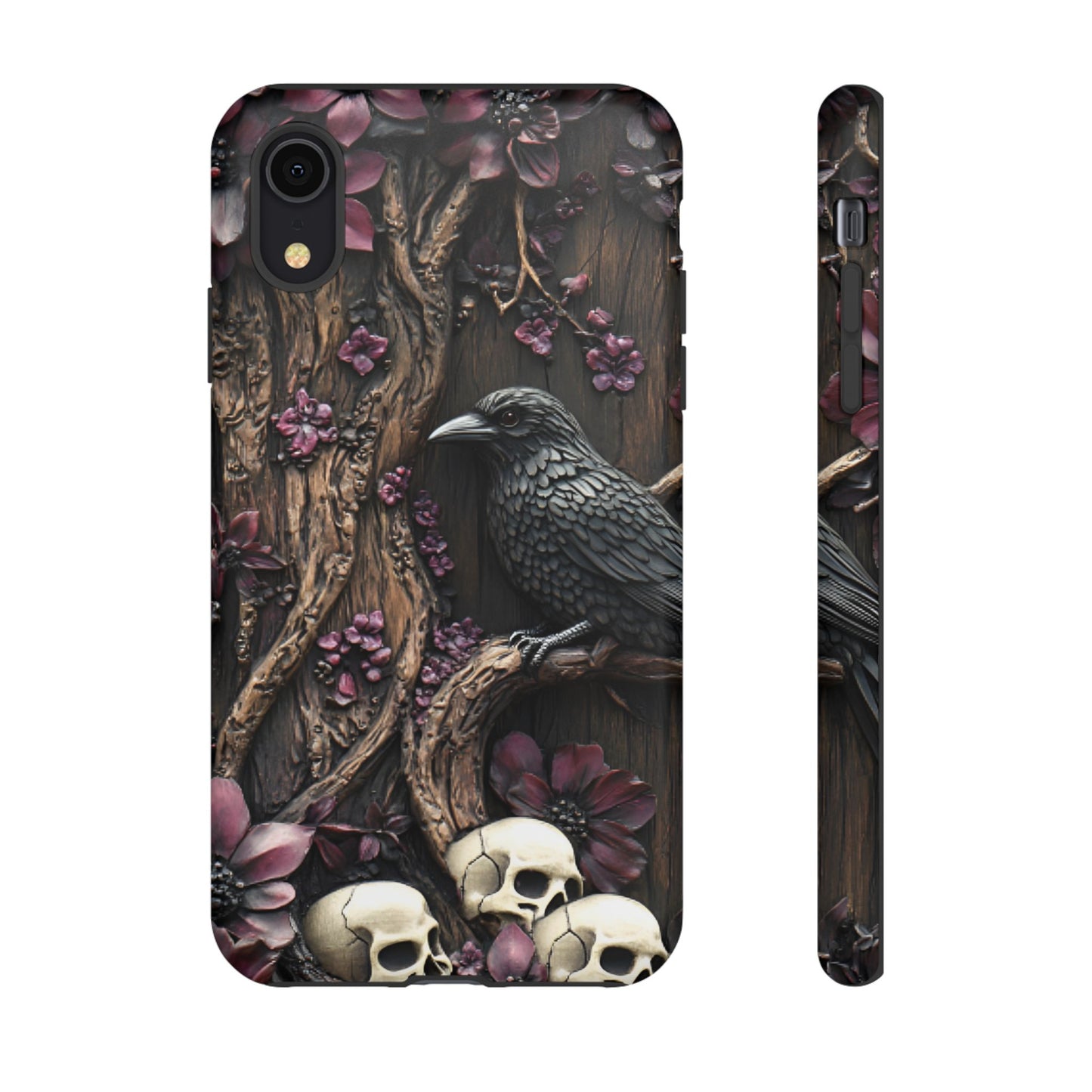 Raven and Skulls Phone Case - Gothic Faux Wood Phone Cases - iPhone 16 15 14 13 12 11, Samsung Galaxy & Google Pixel Phone Covers - Boo and Bewear