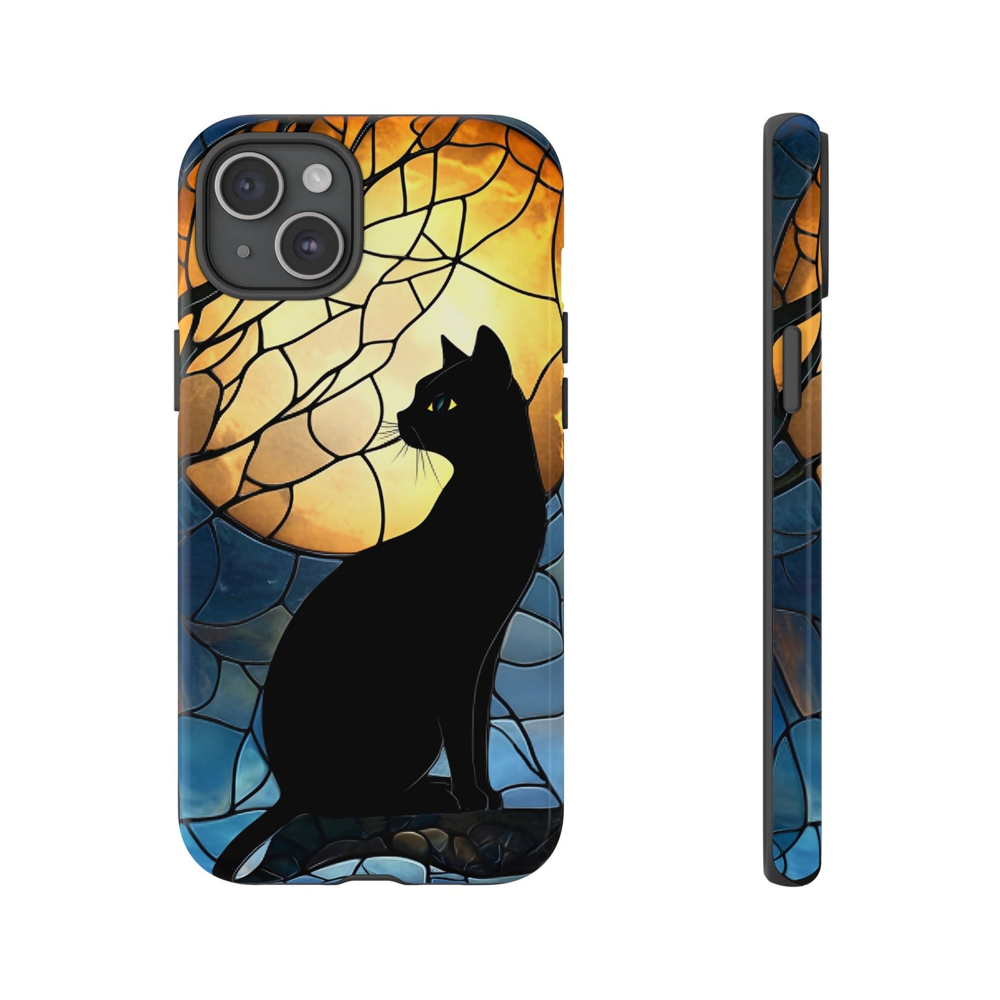 Black Cat and Moon Stained Glass Phone Case - Celestial Cat Lover Phone Cases - iPhone 16 15 14 13 12 11, Samsung Galaxy & Google Pixel Phone Covers