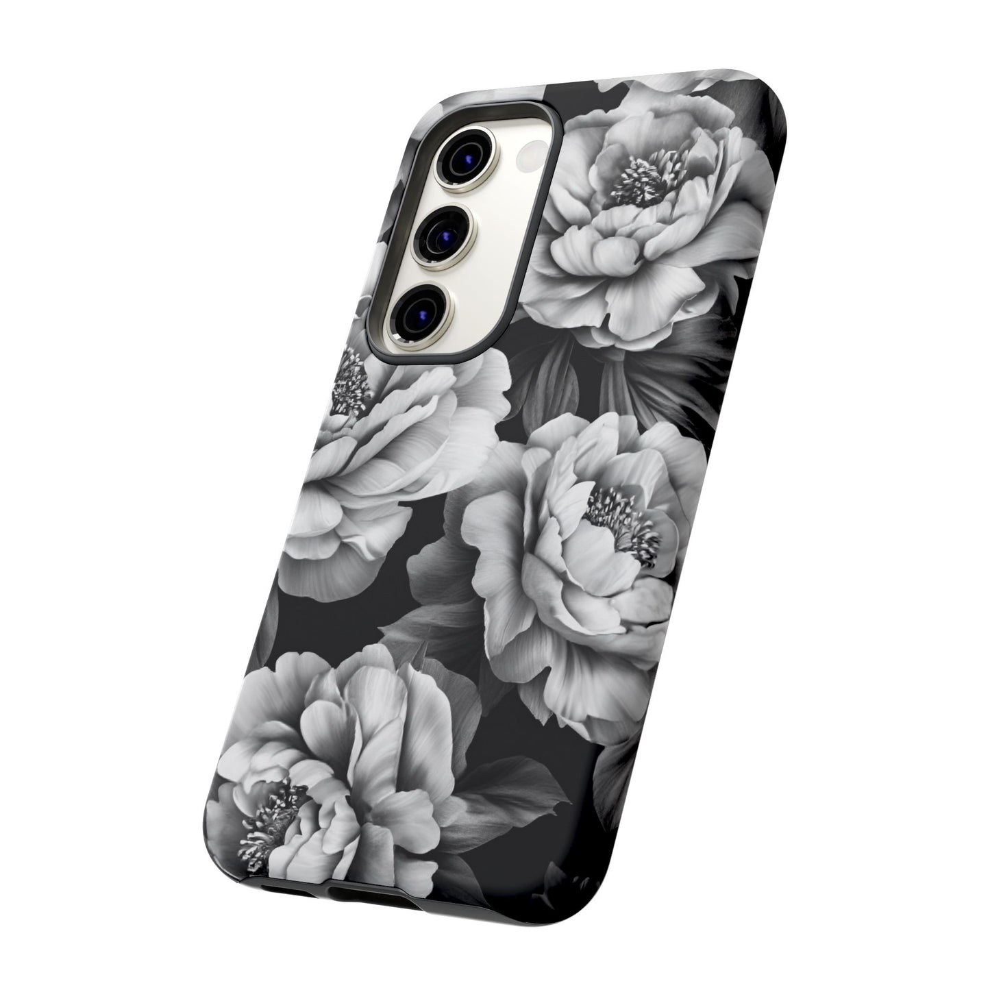 Black and White Peony Flower Phone Case - Aesthetic Dark Floral Phone Cases for iPhone 16 15 14 13 12 11, Samsung Galaxy & Google Pixel