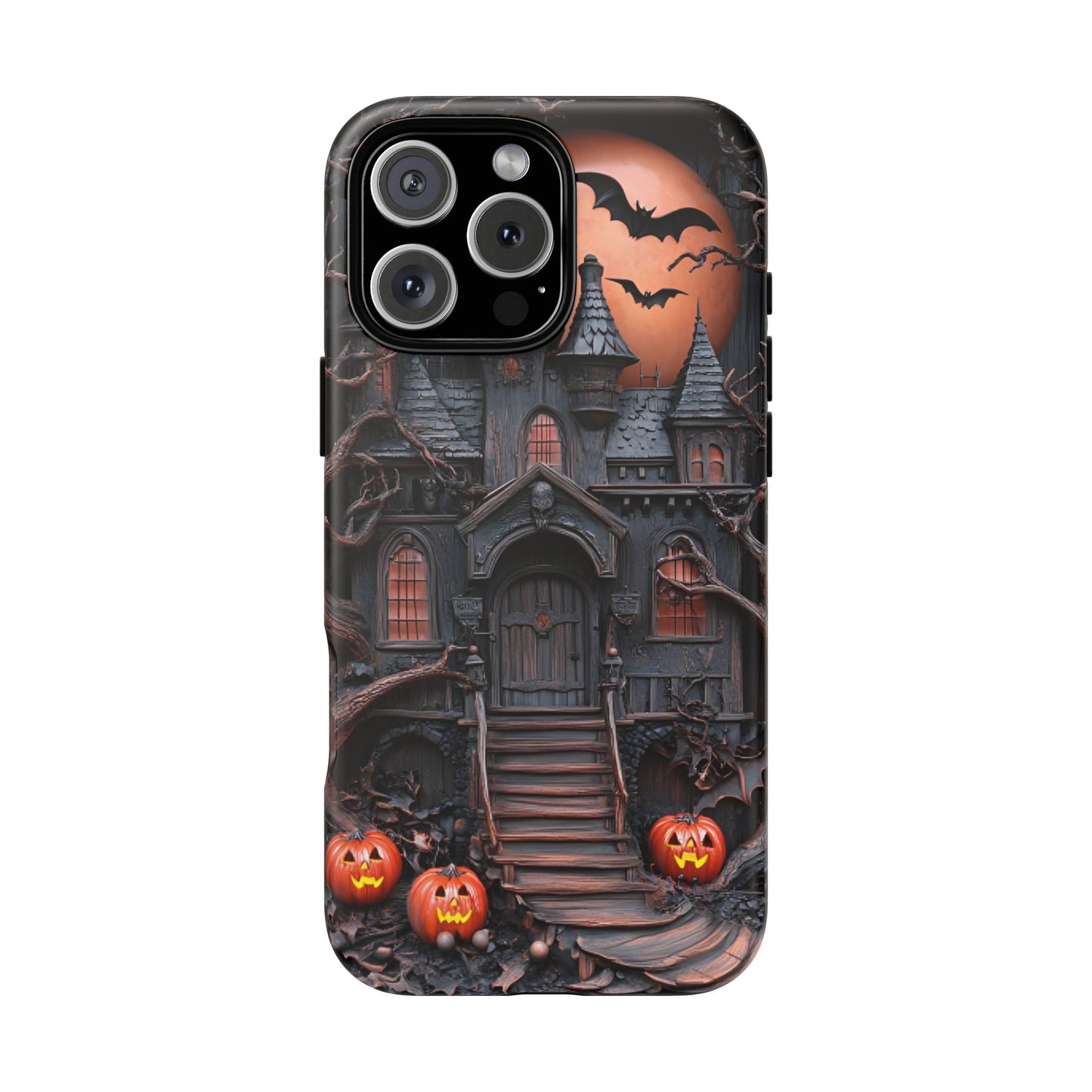 Carved Wood Haunted House Phone Case - Faux Wood Spooky Halloween Phone Cases for iPhone 16 15 14 13 12 11, Samsung Galaxy & Google Pixel