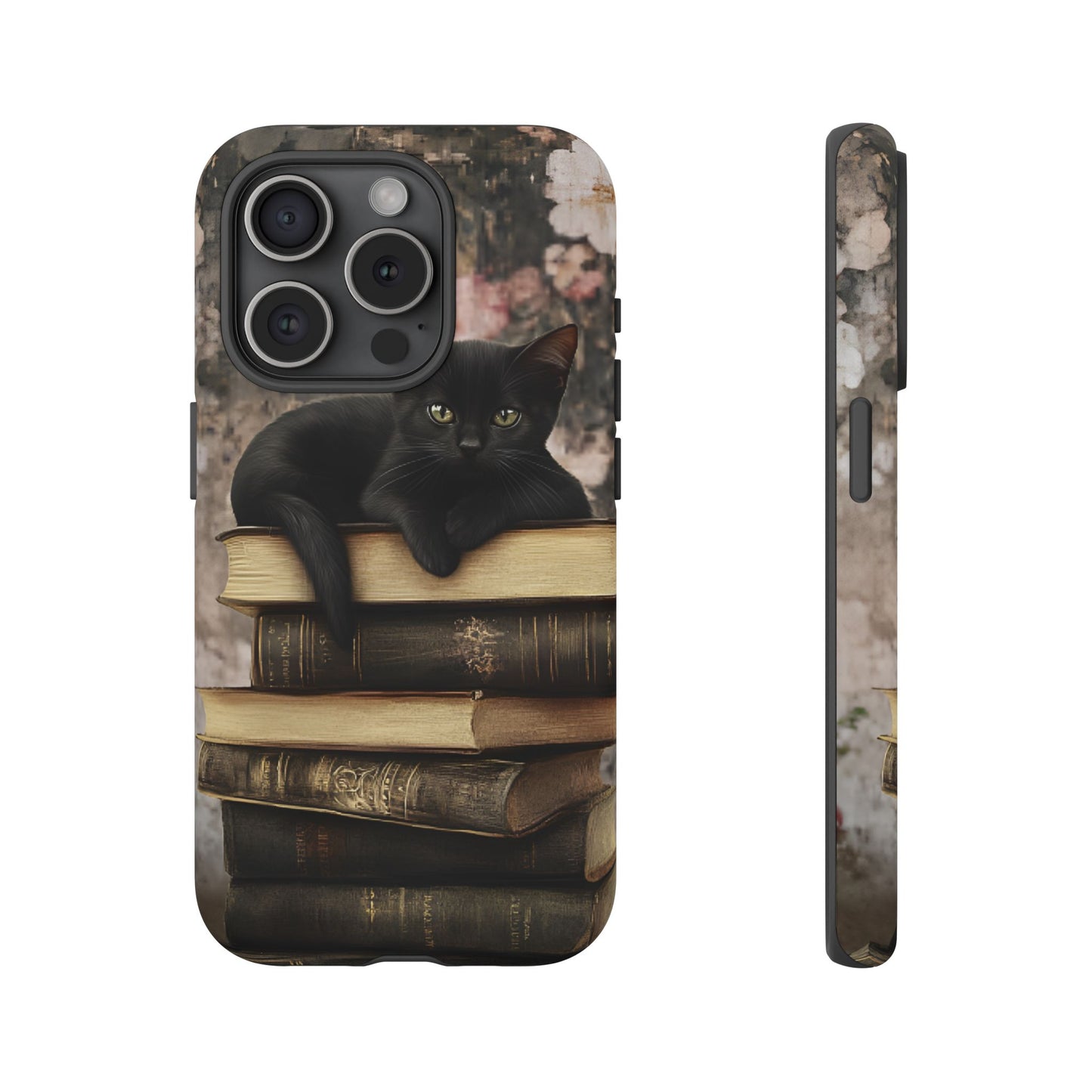 Black Cat and Books Phone Case - Vintage Dark Academia Library Phone Cases for iPhone 16 15 14 13 12 11, Samsung Galaxy & Google Pixel