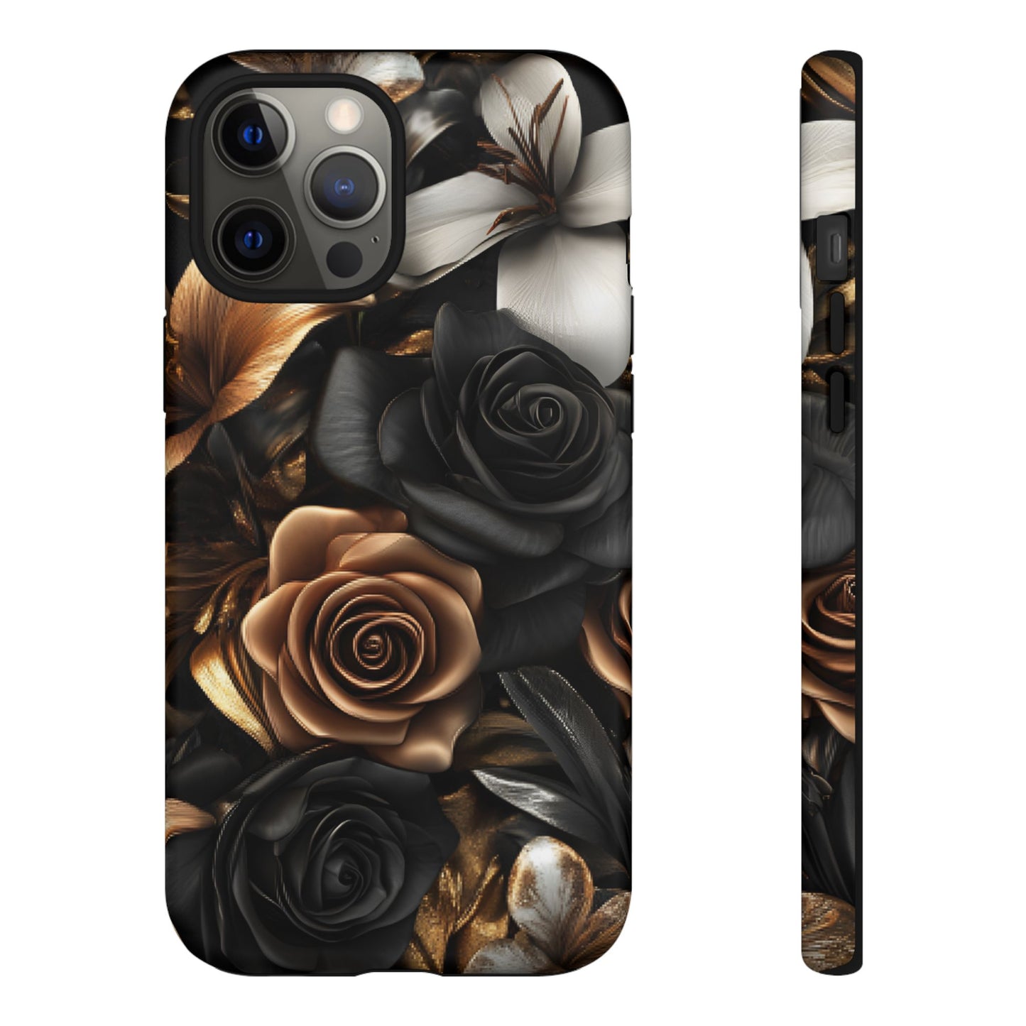 Floral Phone Case - Black and Gold Roses for iPhone 16 15 14 13 12 11, Samsung Galaxy & Google Pixel