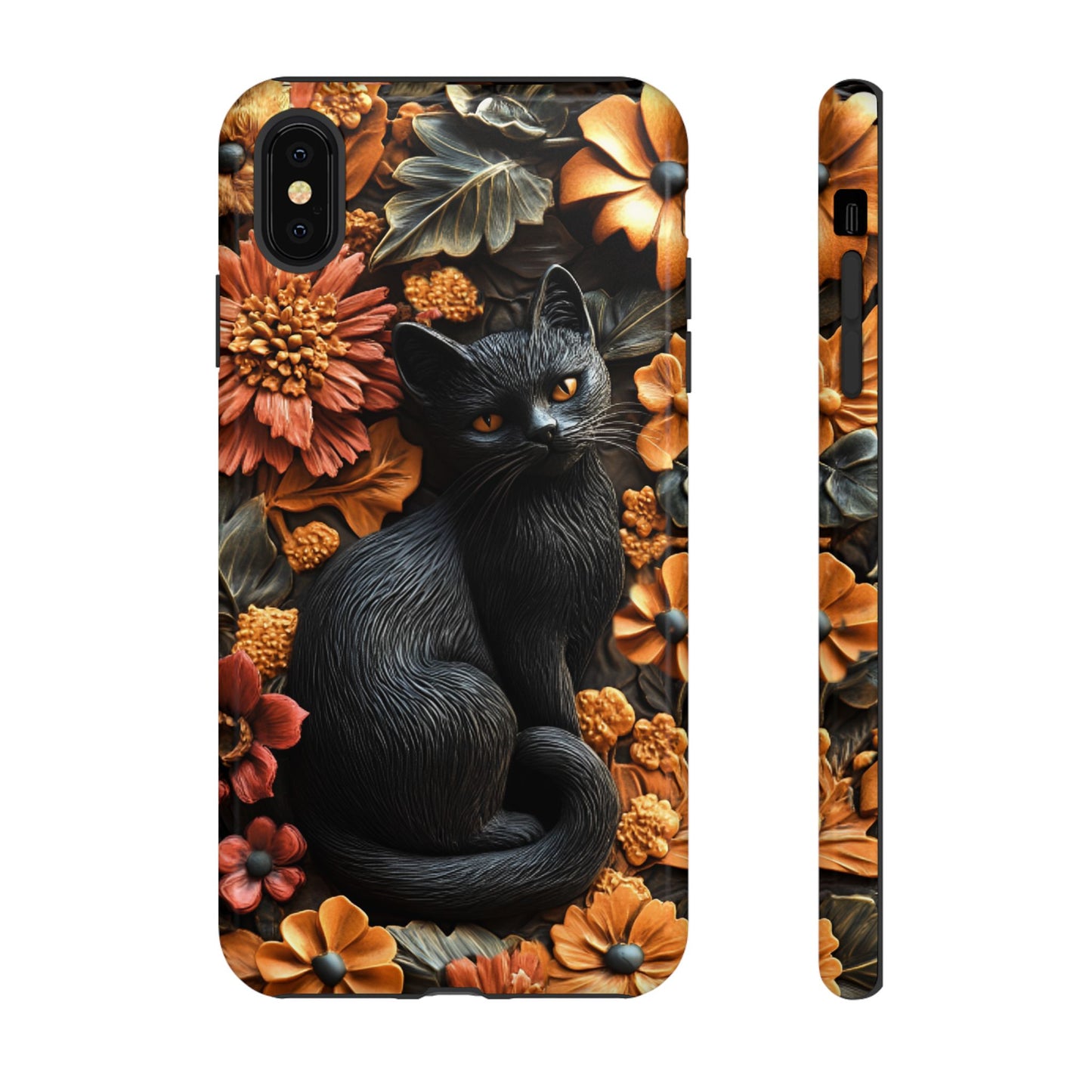 Black Cat Floral Fall Phone Case - Carved Clay Effect Cat Lover Phone Cases - iPhone 16 15 14 13 12 11, Samsung Galaxy & Google Pixel Phone Covers