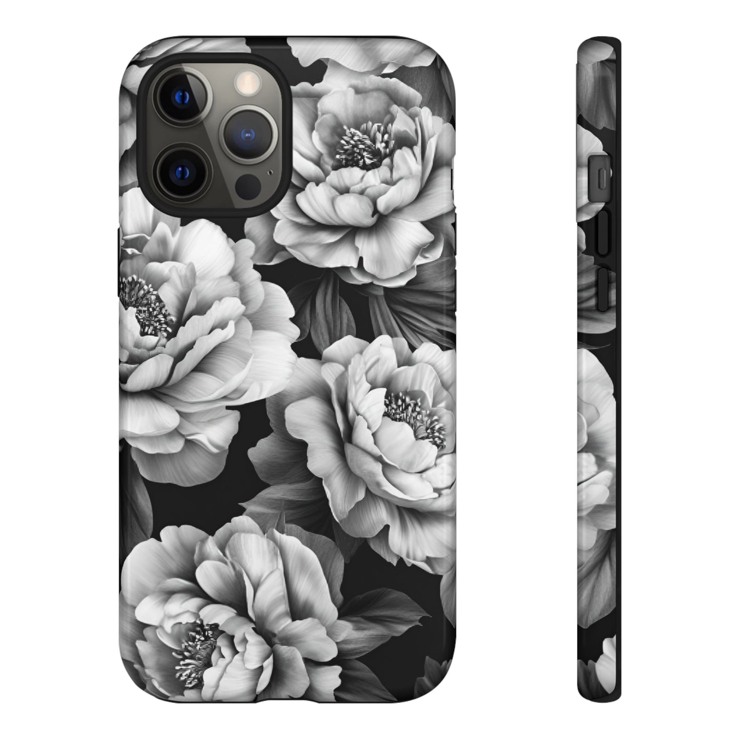 Black and White Peony Flower Phone Case - Aesthetic Dark Floral Phone Cases for iPhone 16 15 14 13 12 11, Samsung Galaxy & Google Pixel