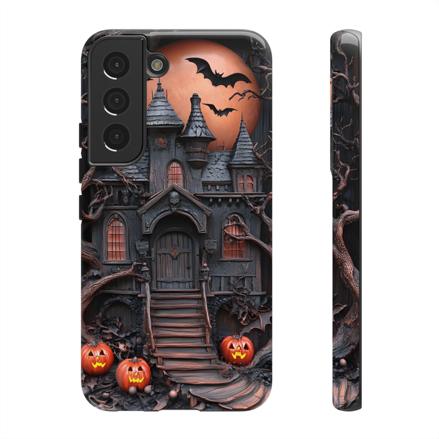 Carved Wood Haunted House Phone Case - Faux Wood Spooky Halloween Phone Cases for iPhone 16 15 14 13 12 11, Samsung Galaxy & Google Pixel