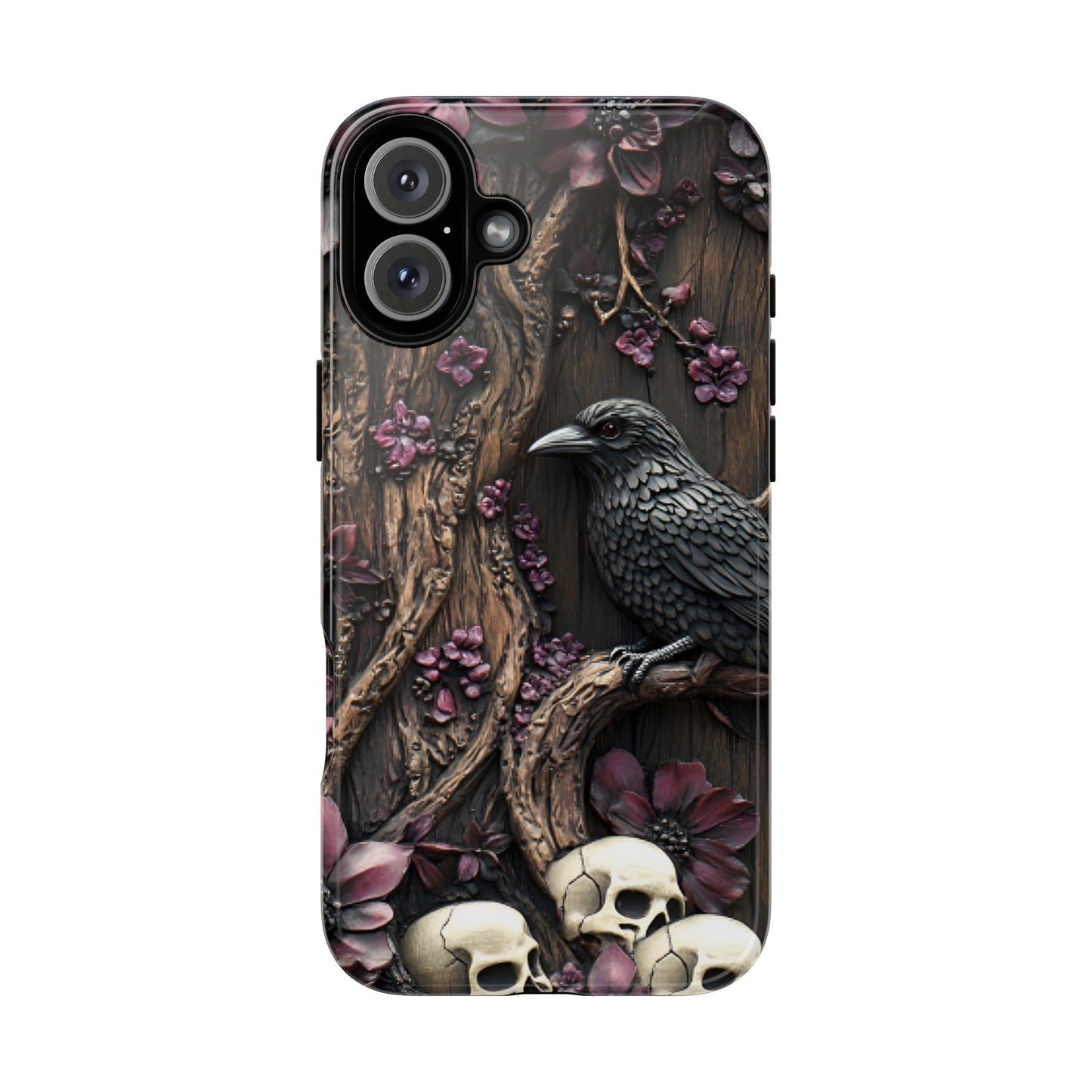 Raven and Skulls Phone Case - Gothic Faux Wood Phone Cases - iPhone 16 15 14 13 12 11, Samsung Galaxy & Google Pixel Phone Covers