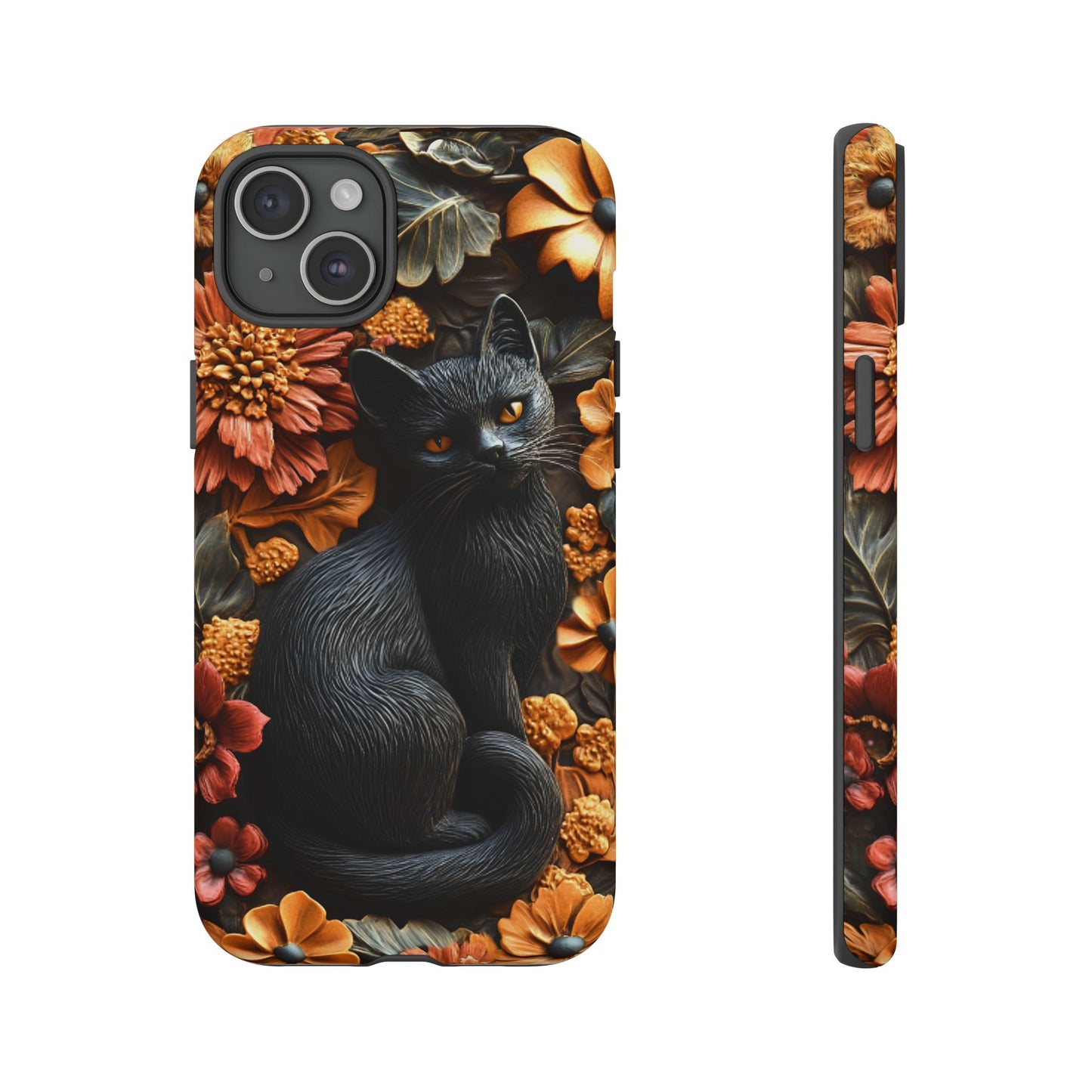 Black Cat Floral Fall Phone Case - Carved Clay Effect Cat Lover Phone Cases for iPhone 16 15 14 13 12 11, Samsung Galaxy & Google Pixel