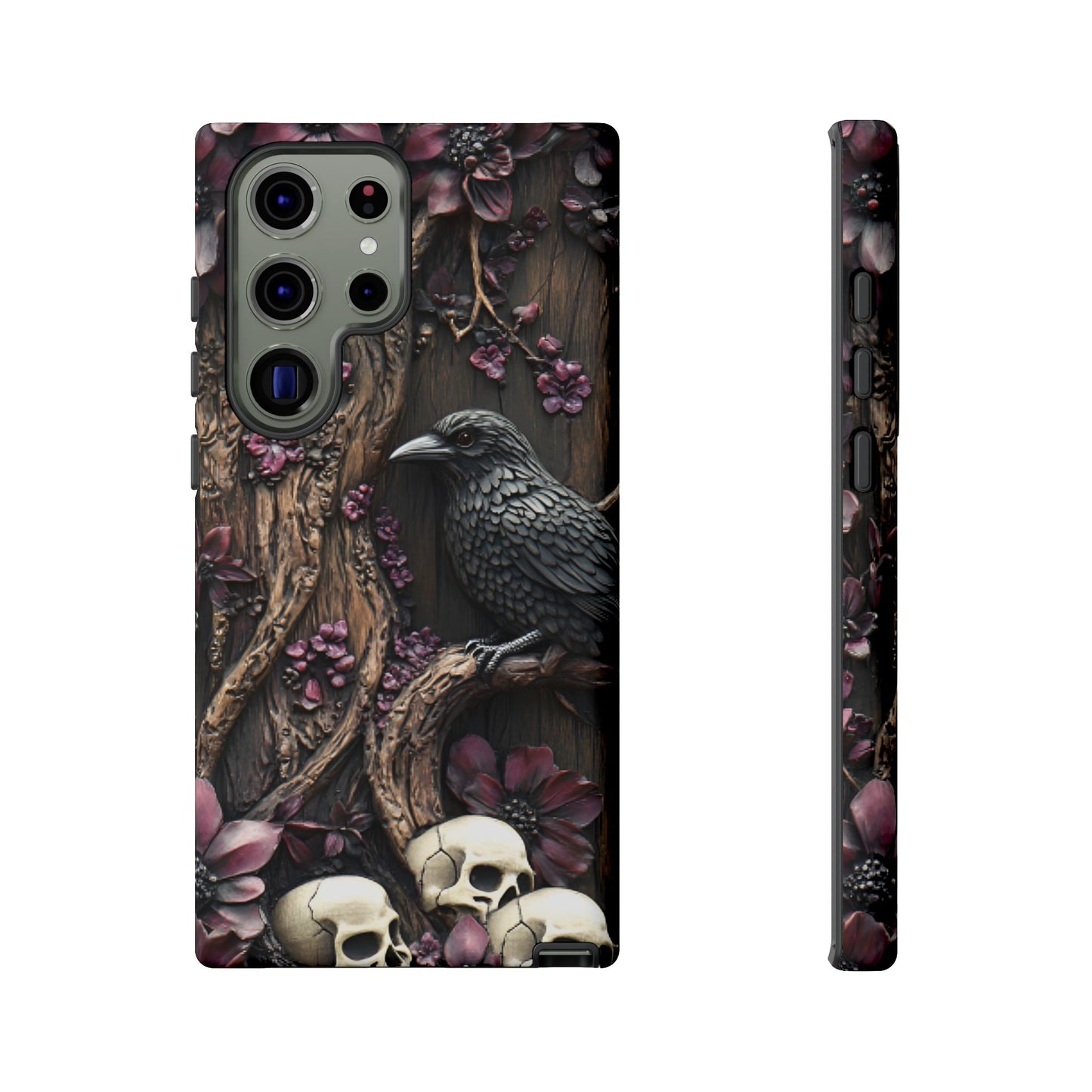 Raven and Skulls Phone Case - Gothic Faux Wood Phone Cases - iPhone 16 15 14 13 12 11, Samsung Galaxy & Google Pixel Phone Covers