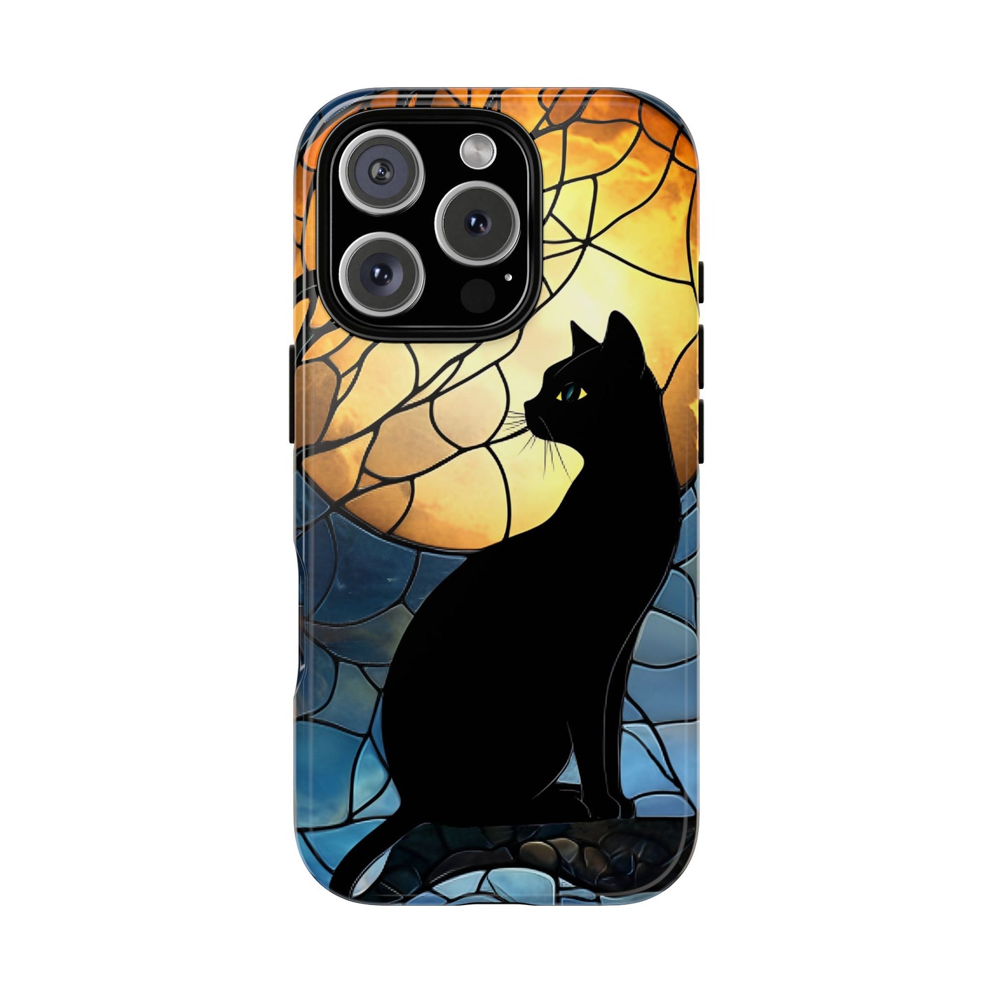 Black Cat and Moon Stained Glass Phone Case - Celestial Cat Lover Phone Cases - iPhone 16 15 14 13 12 11, Samsung Galaxy & Google Pixel Phone Covers