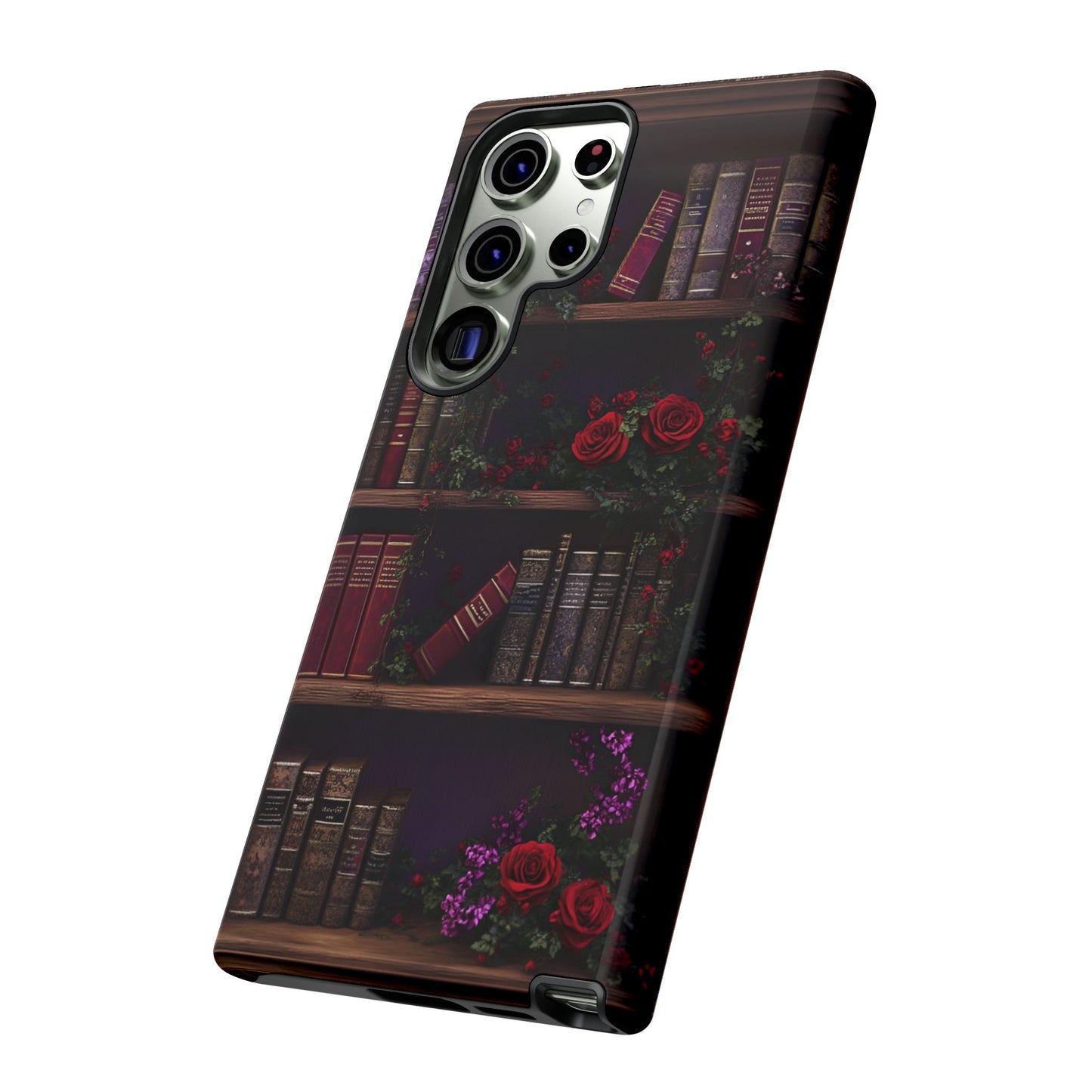 Book Lovers Phone Case - Roses and Books in Moody Vintage Bookshelf for iPhone 16 15 14 13 12 11, Samsung Galaxy & Google Pixel