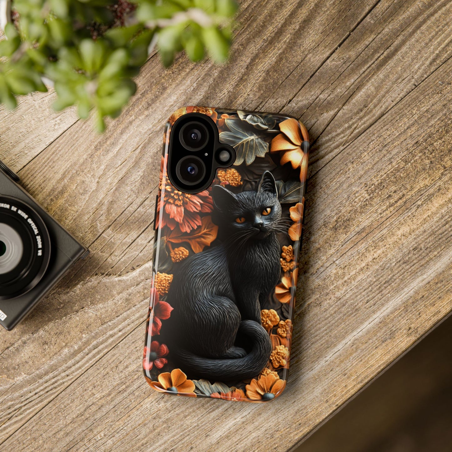 Black Cat Floral Fall Phone Case - Carved Clay Effect Cat Lover Phone Cases - iPhone 16 15 14 13 12 11, Samsung Galaxy & Google Pixel Phone Covers