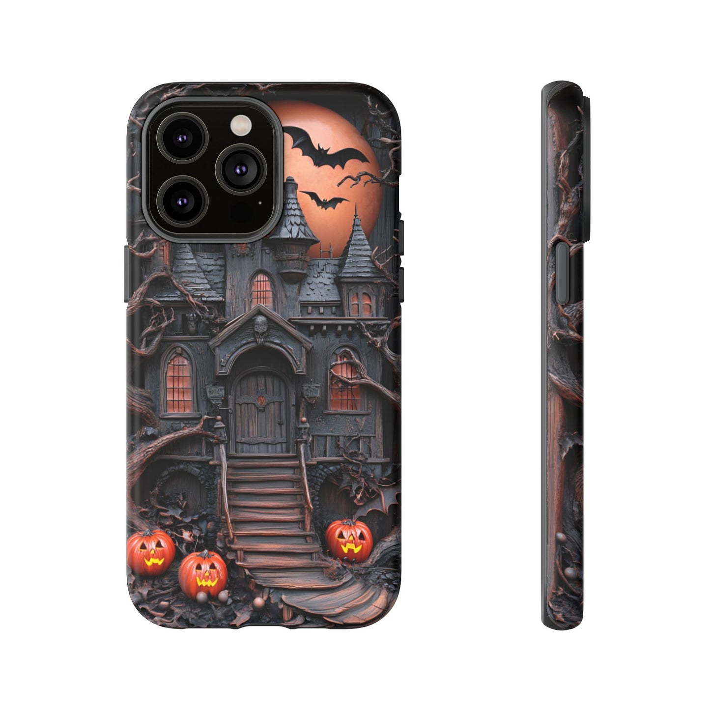 Carved Wood Haunted House Phone Case - Faux Wood Spooky Halloween Phone Cases for iPhone 16 15 14 13 12 11, Samsung Galaxy & Google Pixel