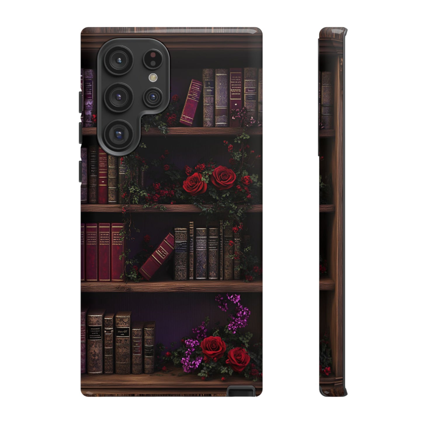 Book Lovers Phone Case - Roses and Books in Moody Vintage Bookshelf for iPhone 16 15 14 13 12 11, Samsung Galaxy & Google Pixel