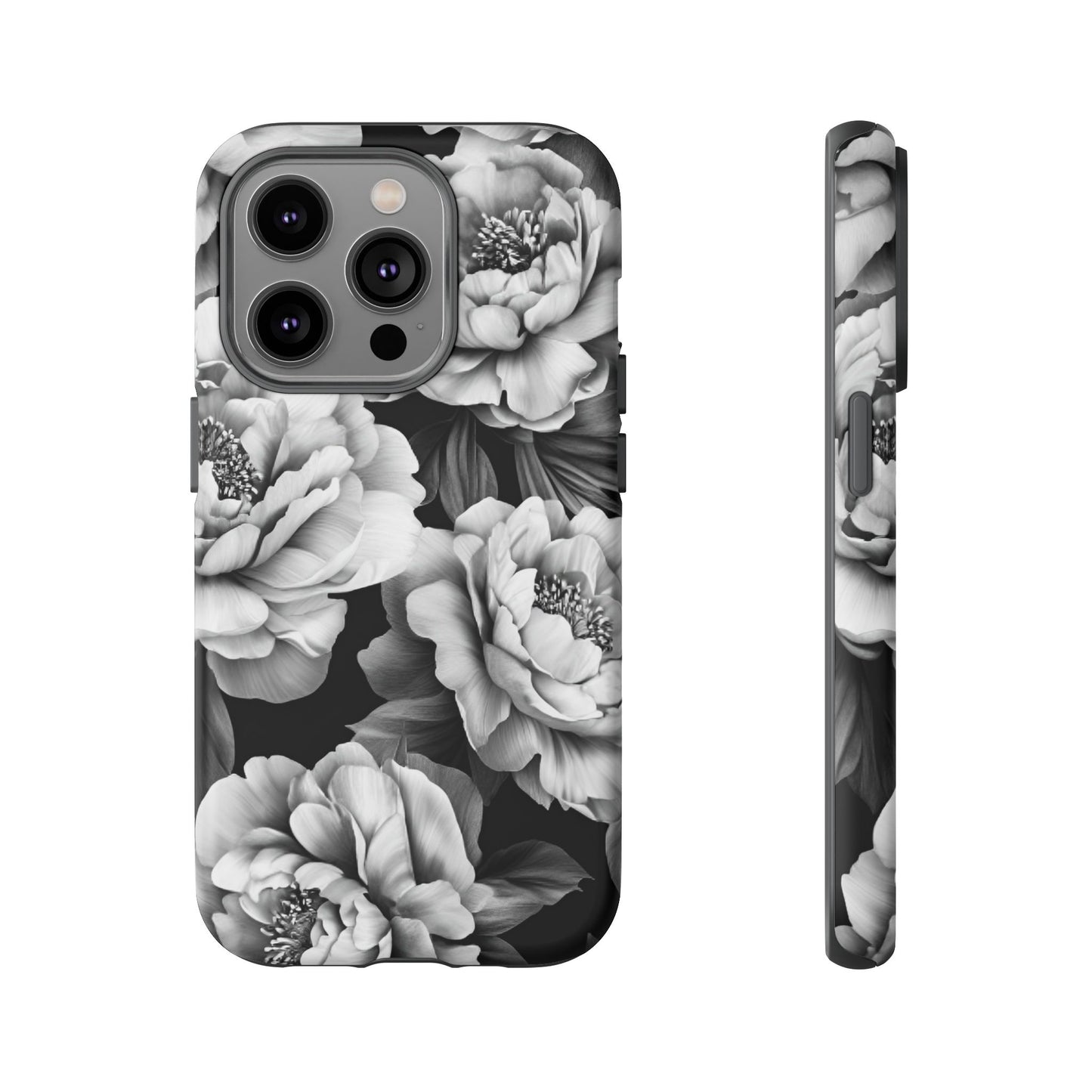 Black and White Peony Flower Phone Case - Aesthetic Dark Floral Phone Cases for iPhone 16 15 14 13 12 11, Samsung Galaxy & Google Pixel