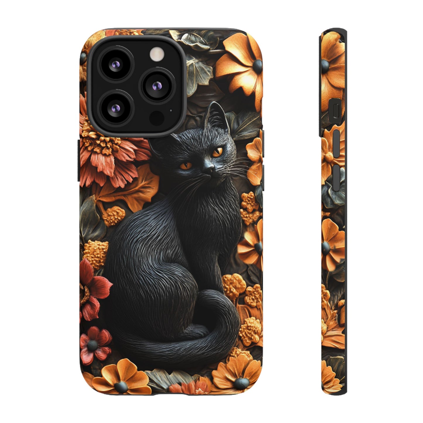 Black Cat Floral Fall Phone Case - Carved Clay Effect Cat Lover Phone Cases for iPhone 16 15 14 13 12 11, Samsung Galaxy & Google Pixel