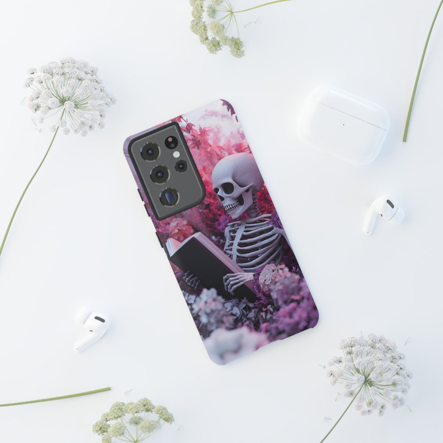 Bookish Skeleton Phone Case - Spooky Floral Halloween Phone Cases - Phone 16 15 14 13 12 11, Samsung Galaxy & Google Pixel Phone Covers