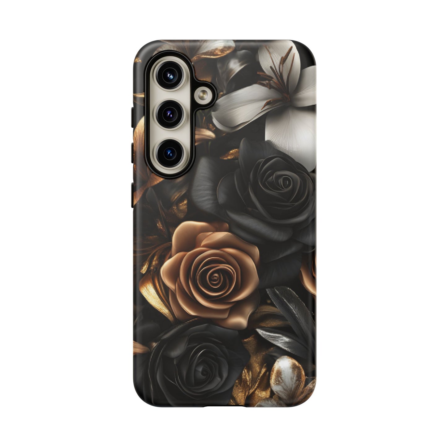 Floral Phone Case - Black and Gold Roses - iPhone 16 15 14 13 12 11, Samsung Galaxy & Google Pixel Phone Covers