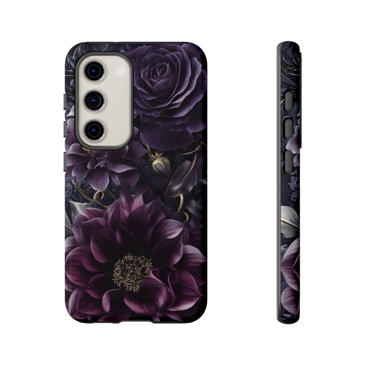 Gothic Dark Floral Phone Case - Aesthetic Purple and Gold Flowers - iPhone 16 15 14 13 12 11, Samsung Galaxy & Google Pixel Phone Covers