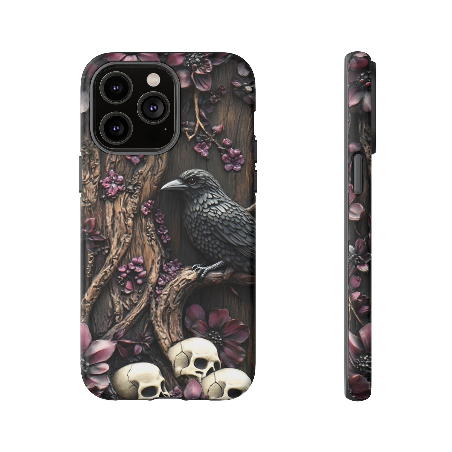 Raven and Skulls Phone Case - Gothic Faux Wood Phone Cases - iPhone 16 15 14 13 12 11, Samsung Galaxy & Google Pixel Phone Covers