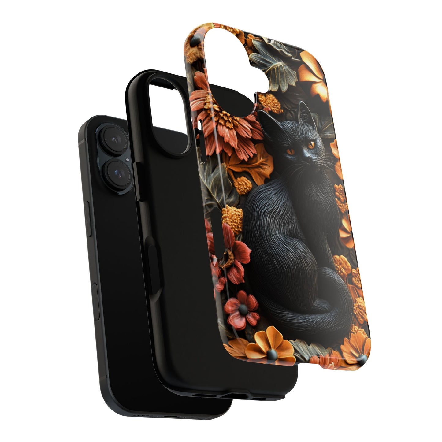 Black Cat Floral Fall Phone Case - Carved Clay Effect Cat Lover Phone Cases - iPhone 16 15 14 13 12 11, Samsung Galaxy & Google Pixel Phone Covers