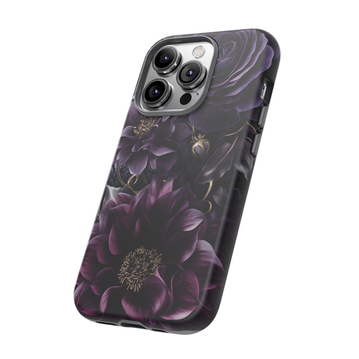 Gothic Dark Floral Phone Case - Aesthetic Purple and Gold Flowers - iPhone 16 15 14 13 12 11, Samsung Galaxy & Google Pixel Phone Covers