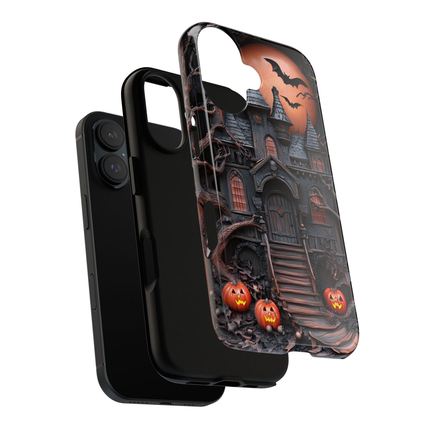 Carved Wood Haunted House Phone Case - Faux Wood Spooky Halloween Phone Cases - iPhone 16 15 14 13 12 11, Samsung Galaxy & Google Pixel Phone Covers