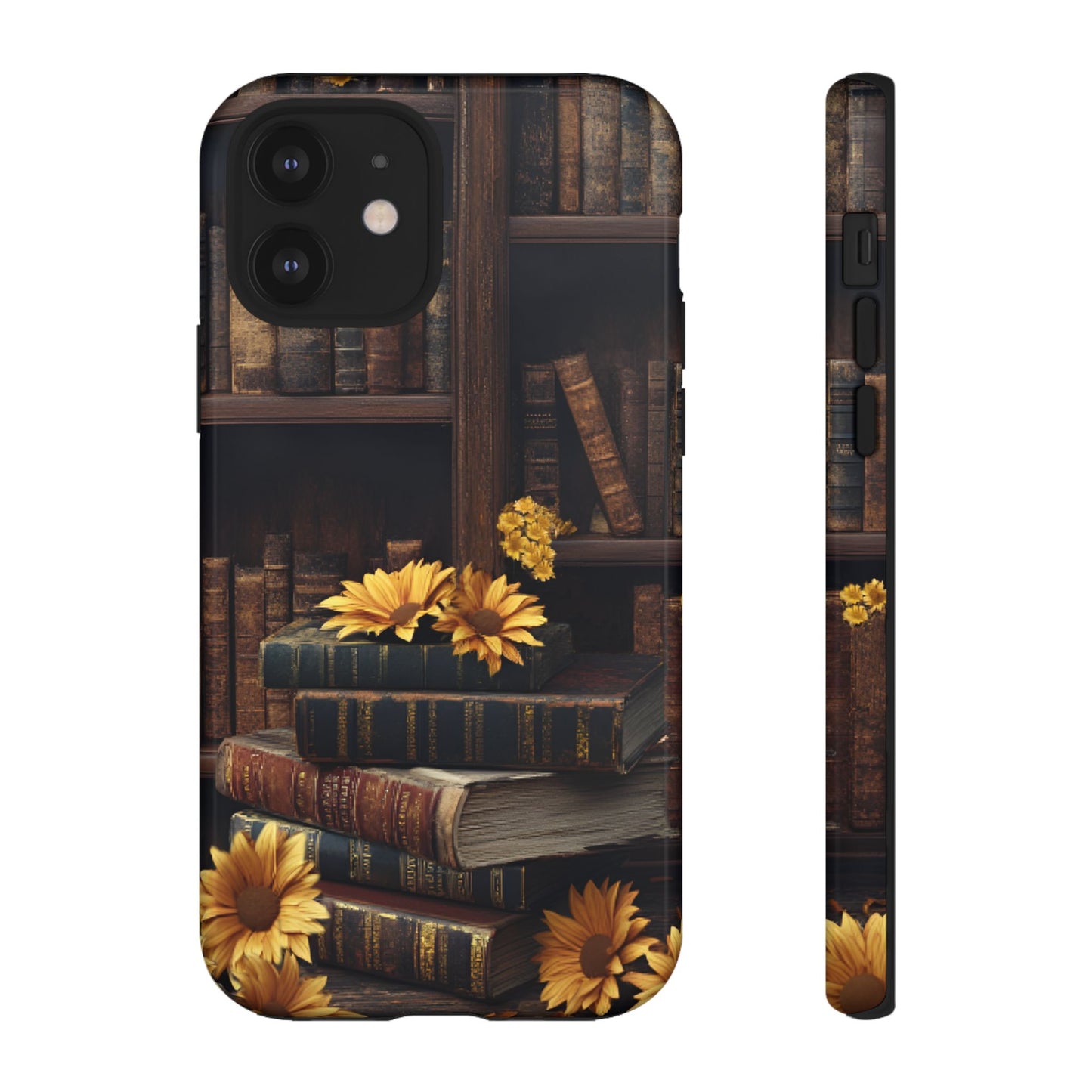 Vintage Books and Sunflowers Phone Case - Dark Academia Library Phone Cases for iPhone 16 15 14 13 12 11, Samsung Galaxy & Google Pixel