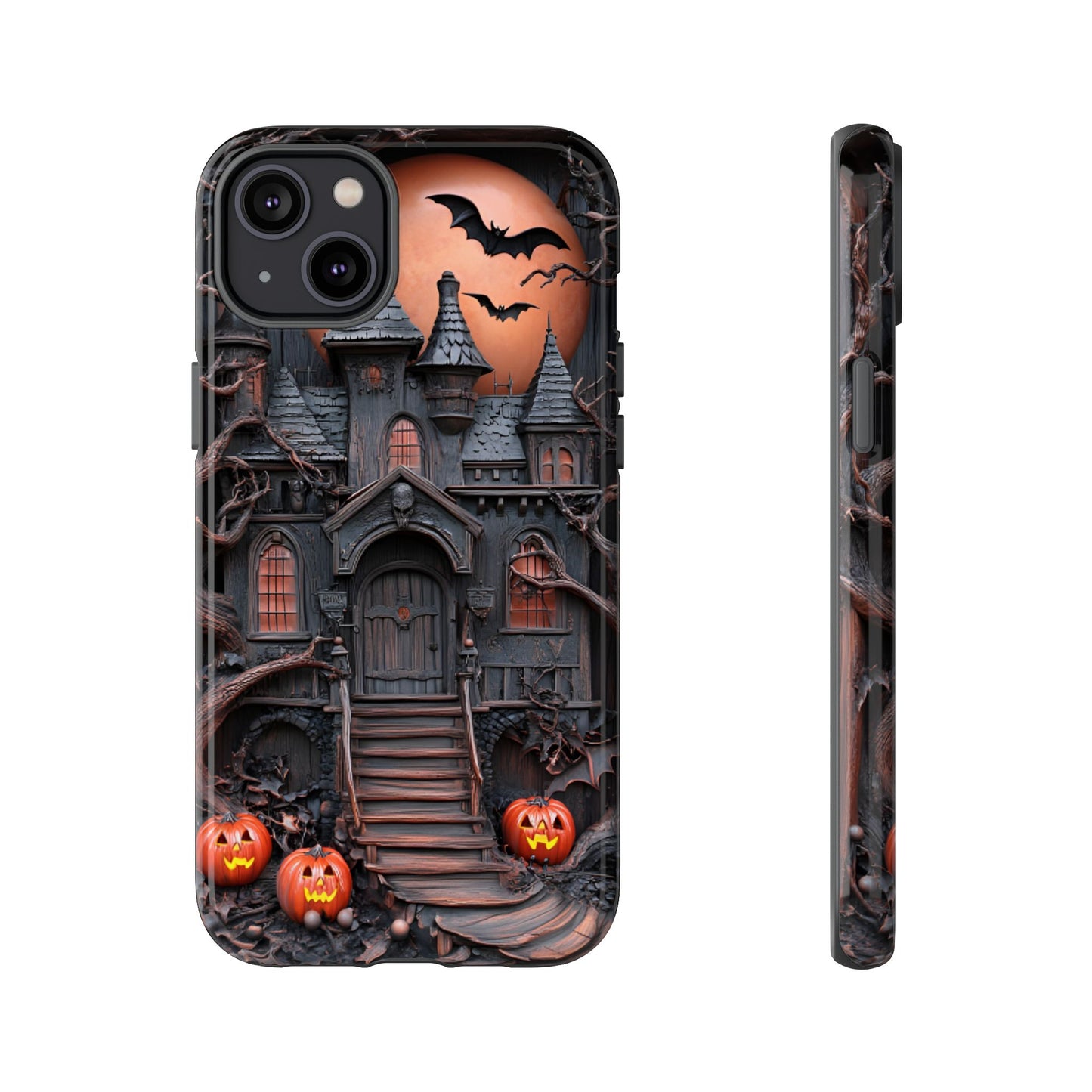 Carved Wood Haunted House Phone Case - Faux Wood Spooky Halloween Phone Cases - iPhone 16 15 14 13 12 11, Samsung Galaxy & Google Pixel Phone Covers