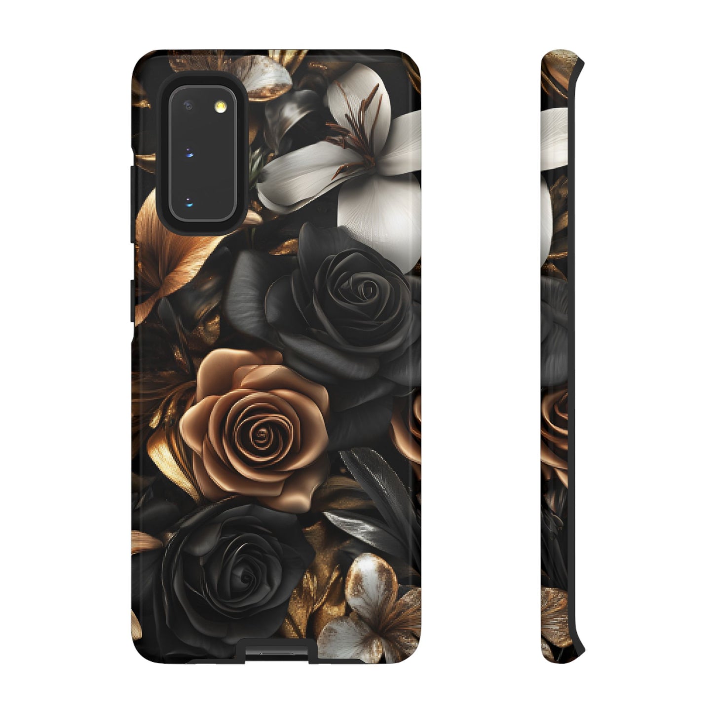 Floral Phone Case - Black and Gold Roses for iPhone 16 15 14 13 12 11, Samsung Galaxy & Google Pixel