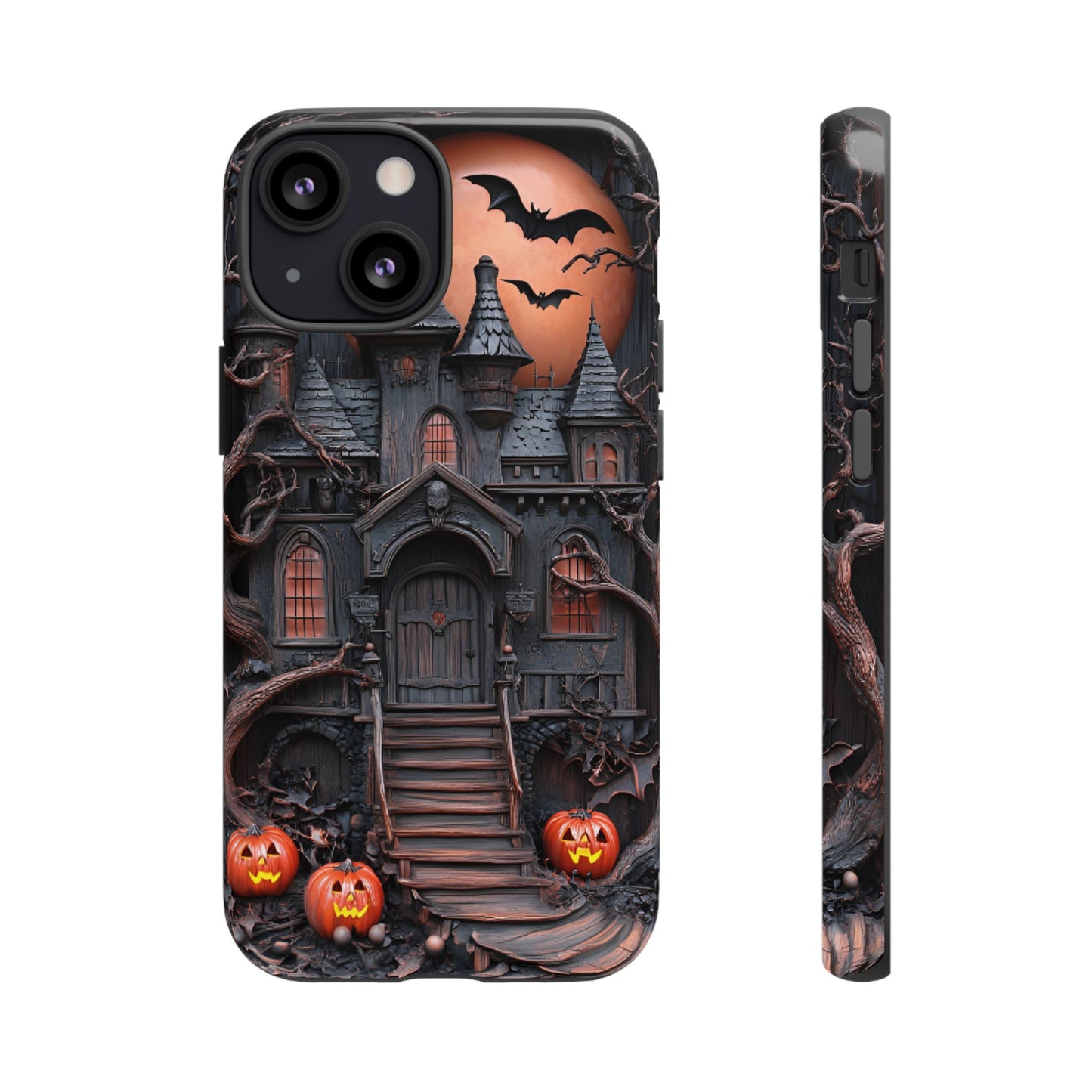 Carved Wood Haunted House Phone Case - Faux Wood Spooky Halloween Phone Cases for iPhone 16 15 14 13 12 11, Samsung Galaxy & Google Pixel