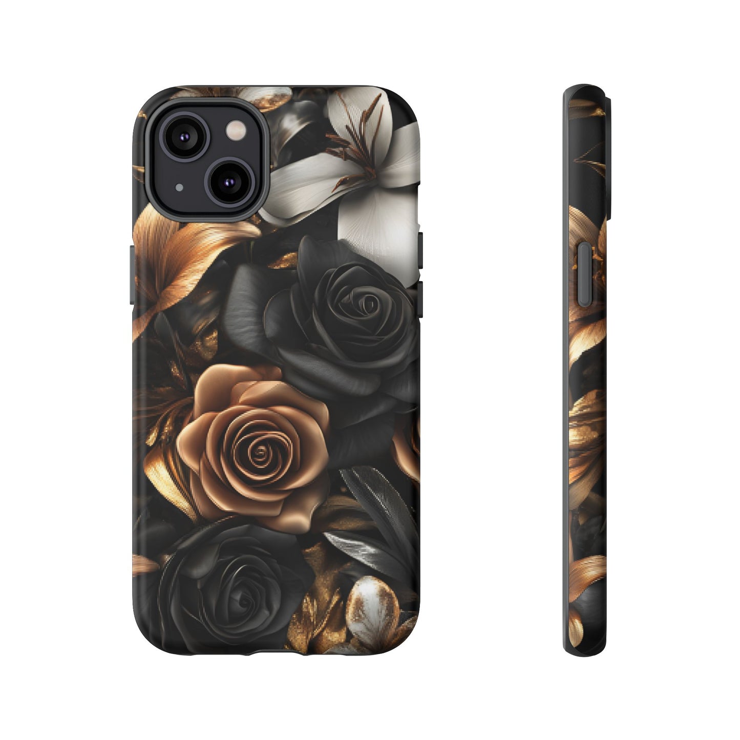 Floral Phone Case - Black and Gold Roses - iPhone 16 15 14 13 12 11, Samsung Galaxy & Google Pixel Phone Covers