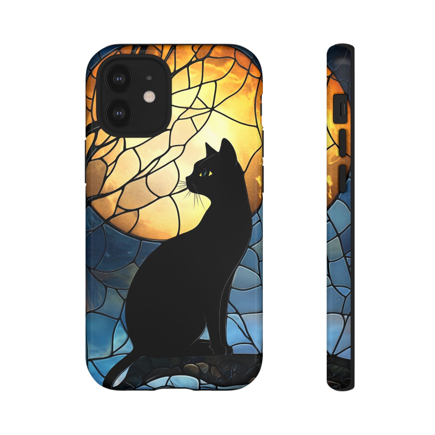 Black Cat and Moon Stained Glass Phone Case - Celestial Cat Lover Phone Cases - iPhone 16 15 14 13 12 11, Samsung Galaxy & Google Pixel Phone Covers