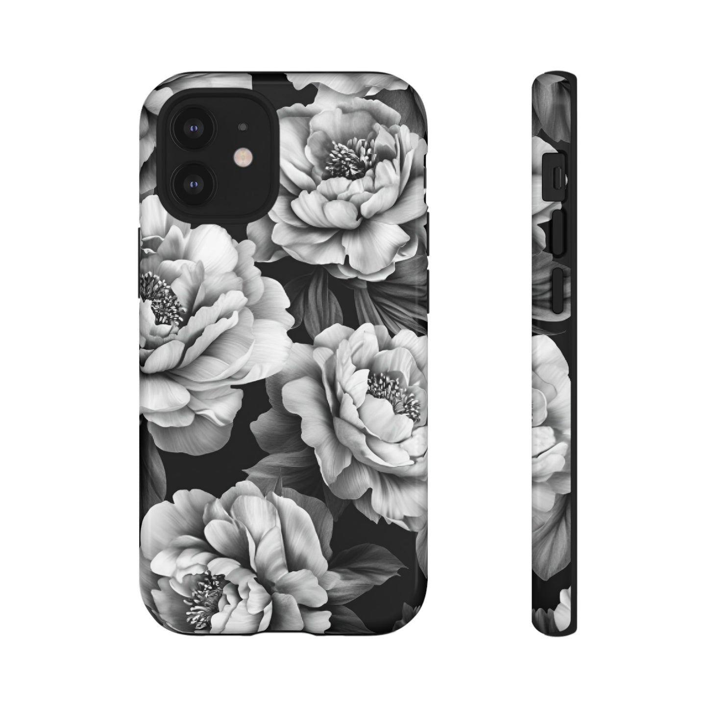 Black and White Peony Flower Phone Case - Aesthetic Dark Floral Phone Cases for iPhone 16 15 14 13 12 11, Samsung Galaxy & Google Pixel